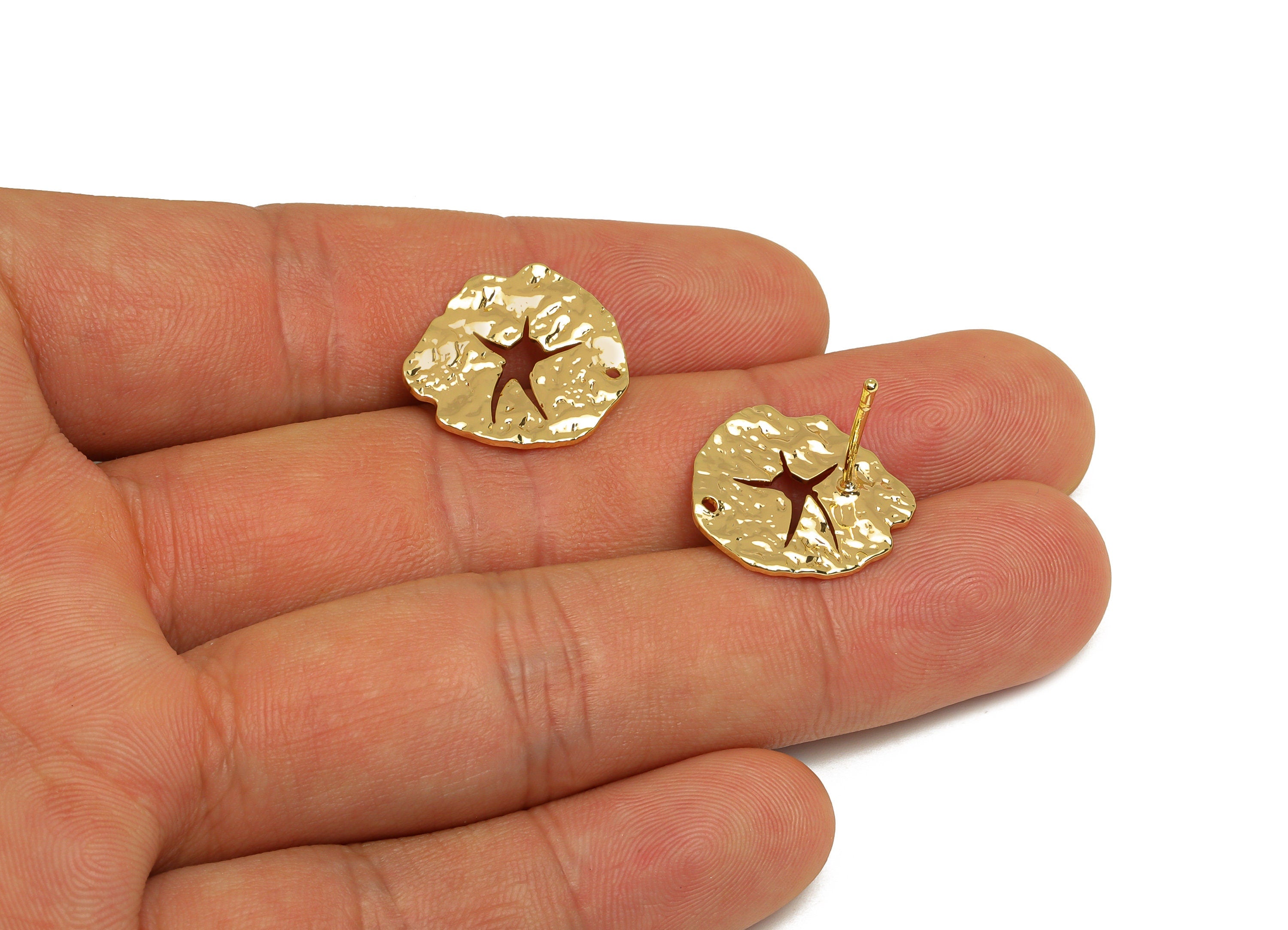 Brass Leaf Earring Post - Brass Textured Leaf Earring Stud - Lotus Leaf Earring Post With Hole - 18K Real Gold Plating - 17x18x1mm - RGP6772 - DOMEDBAZAAR