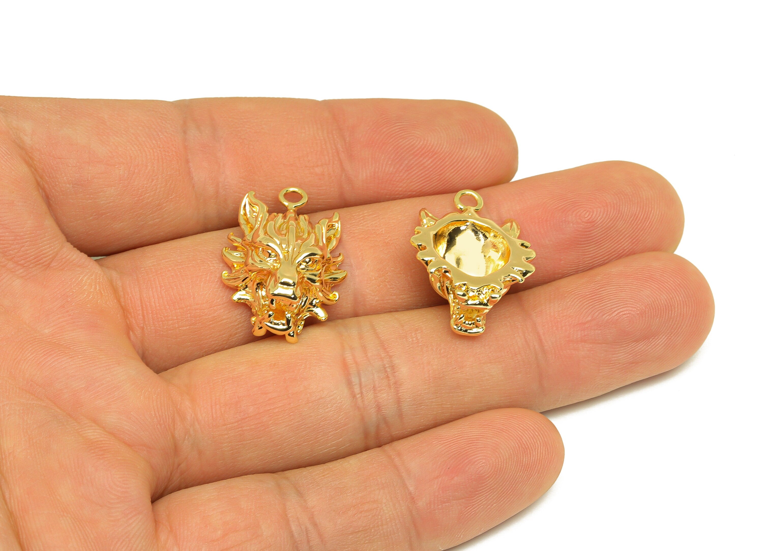 Brass Dragon Earring Charm - Brass Textured Dragon Earring Charms - Brass Figure Animal Pendant - 18K Real Gold Plating - 25x17x9mm -RGP6783 - DOMEDBAZAAR