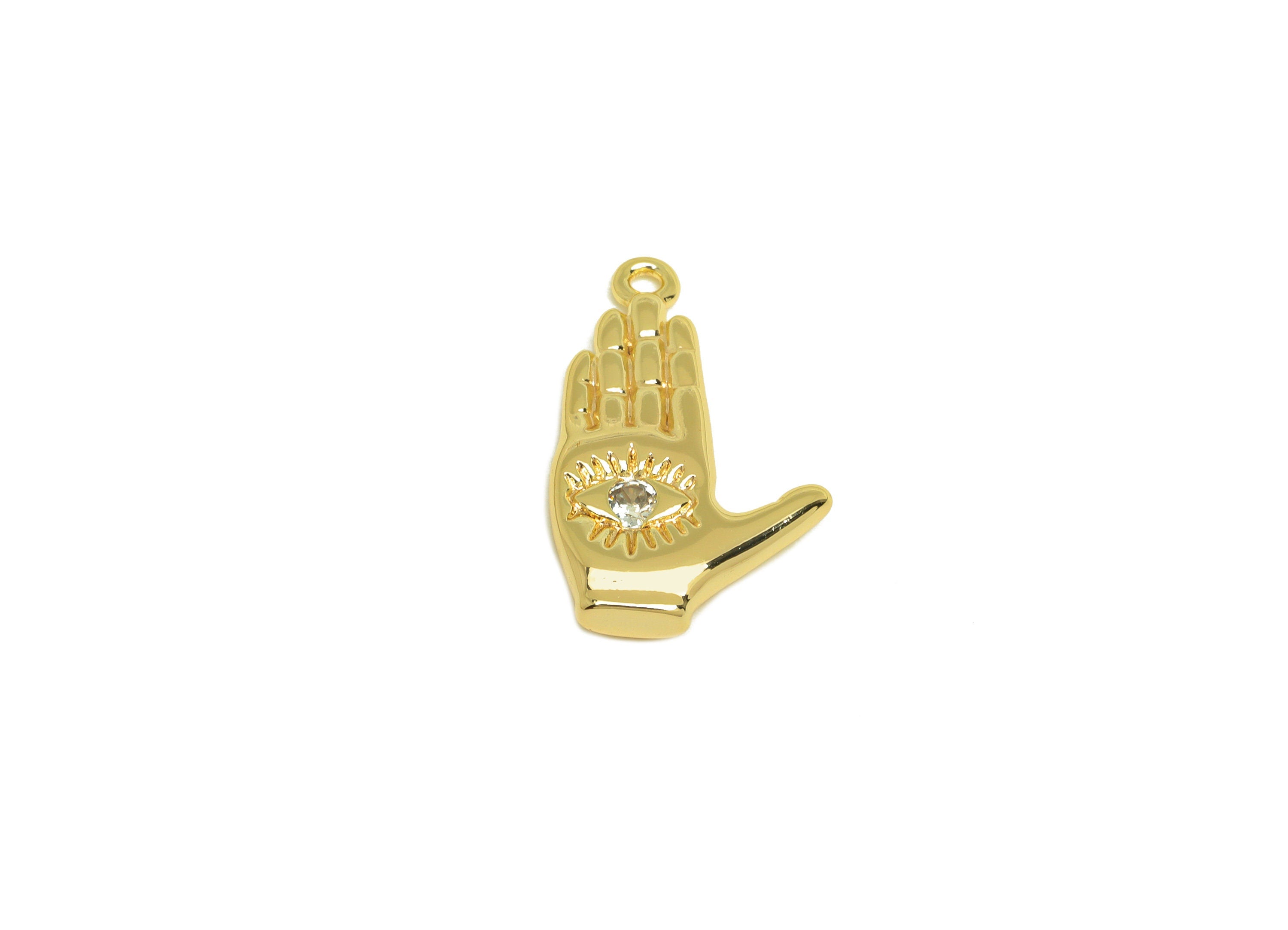 Brass CZ Hand Earring Charm - Brass Textured Eye Earring Charms - Brass Cubic Zircon Pendant - 18K Real Gold Plating - 20x13x3mm - RGP6786 - DOMEDBAZAAR
