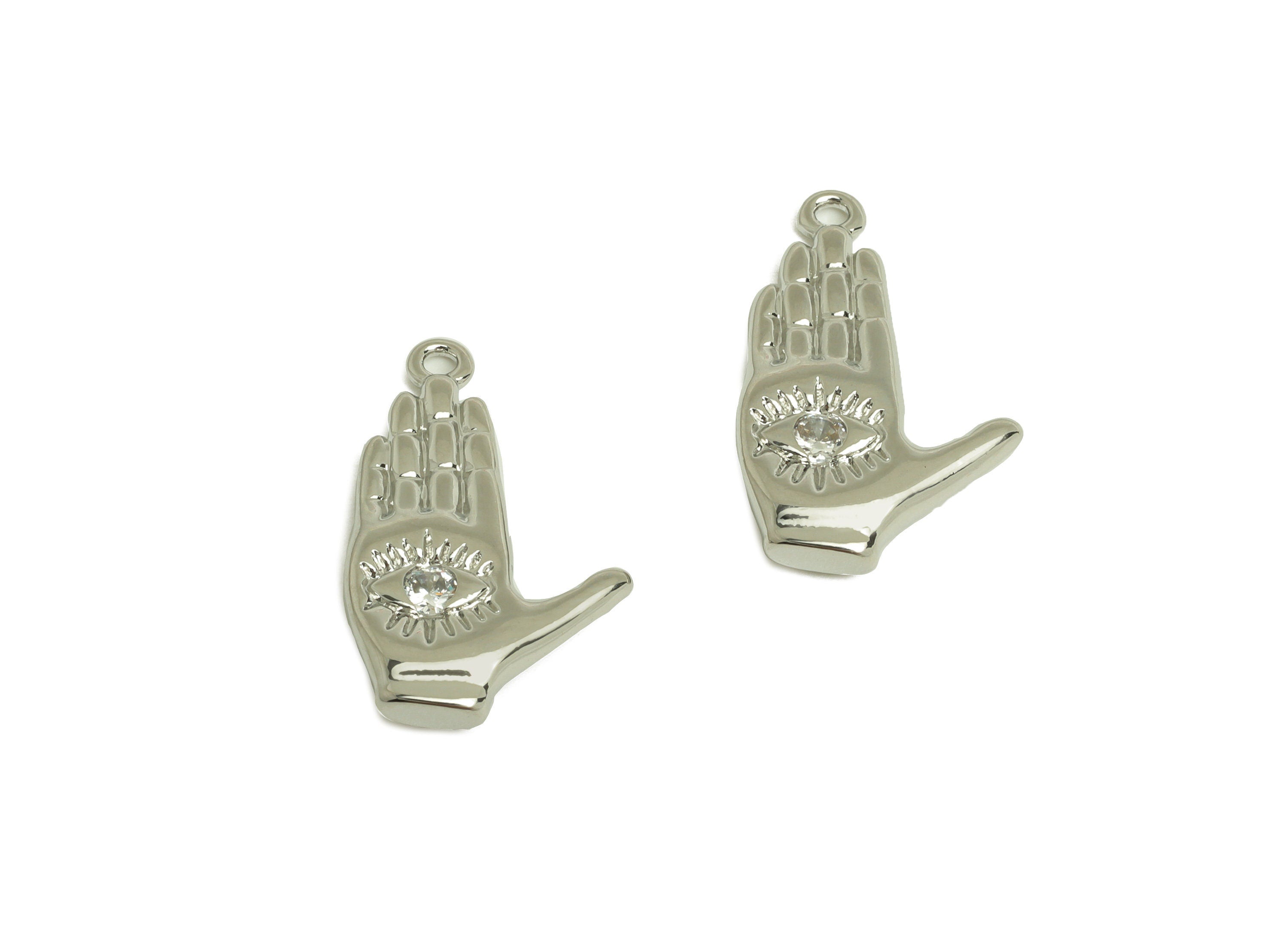 Brass CZ Hand Earring Charm - Brass Textured Eye Earring Charms - Brass Cubic Zircon Pendant - 18K Real White Plating - 20x13x3mm - RGP6787 - DOMEDBAZAAR