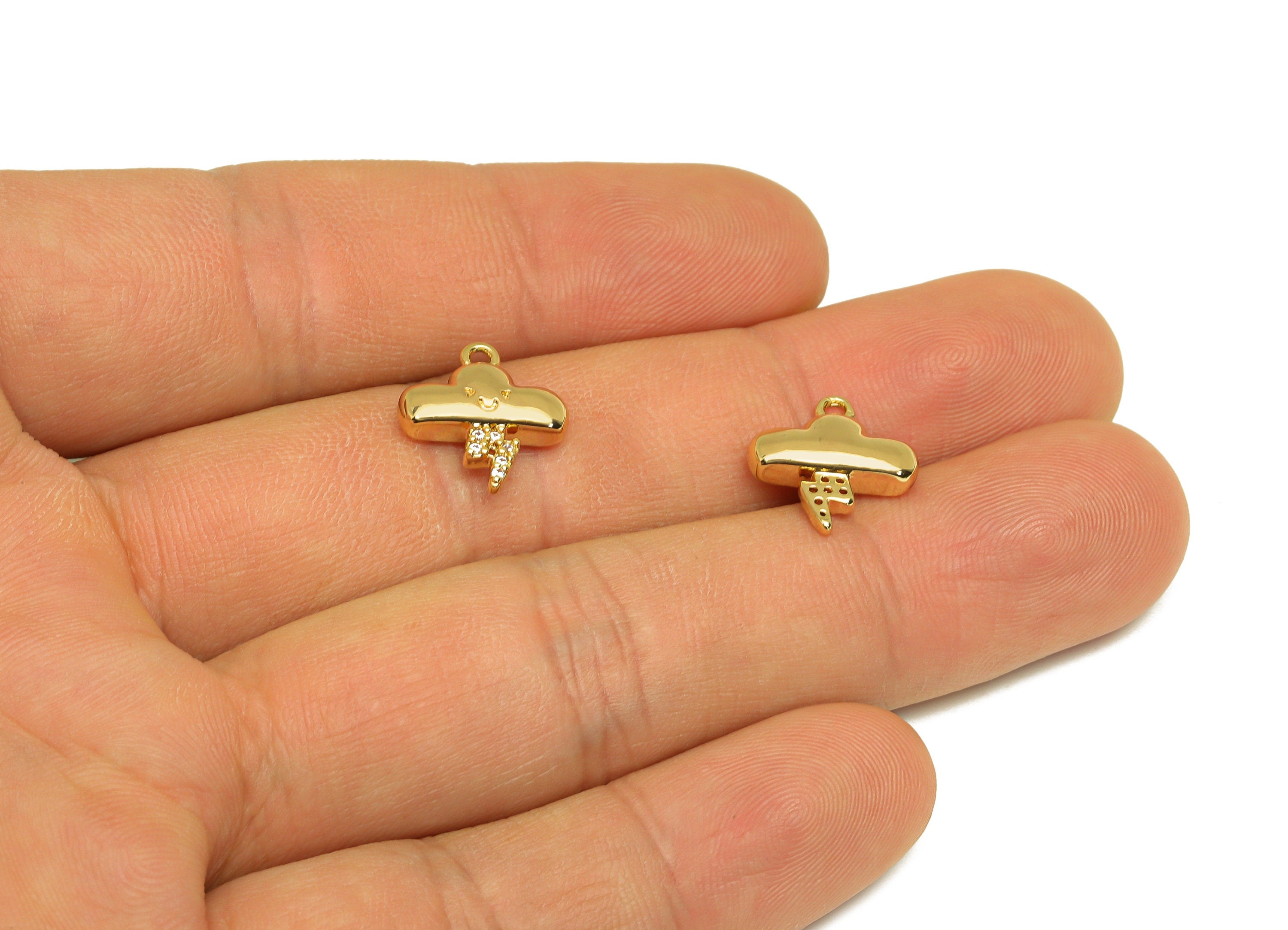 Brass CZ Could Earring Charm - Brass Lightning Face Earring Charms - Brass Cubic Zircon Pendant - 18K Real Gold Plating -13x12x4mm - RGP6837 - DOMEDBAZAAR