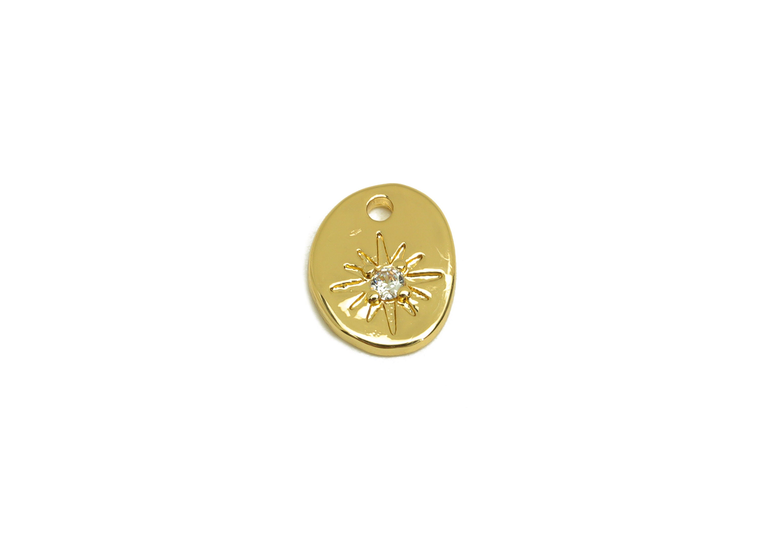 Brass CZ Star Earring Charm - Brass Oval North Star Earring Charms - Brass Cubic Zircon Pendant - 18K Real Gold Plating - 12x9x2mm - RGP6827 - DOMEDBAZAAR