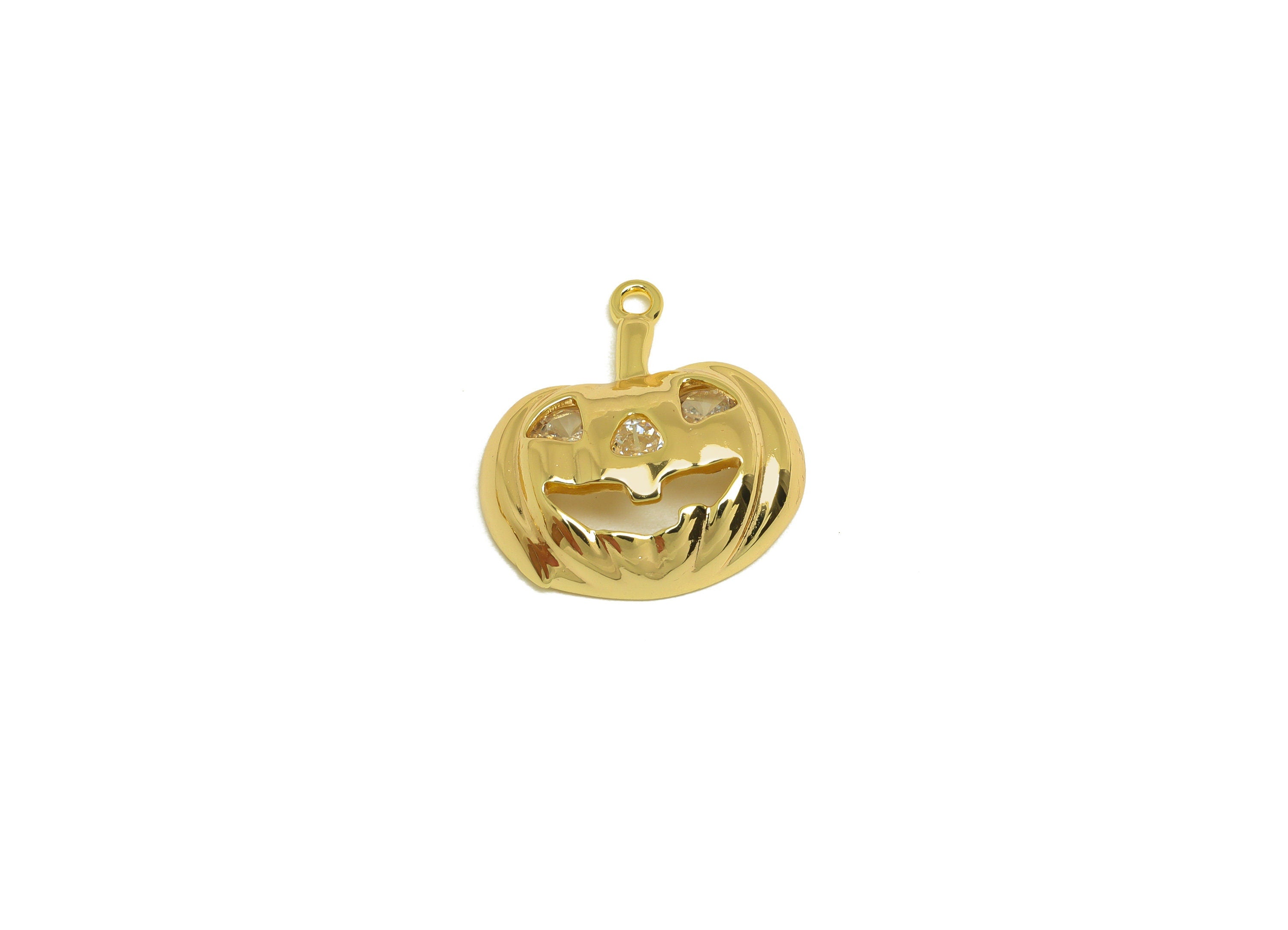 Brass CZ Pumpkin Earring Charm - Brass Halloween Earring Charms - Brass Cubic Zircon Pendant - 18K Real Gold Plating - 19.8x17x5mm - RGP6782 - DOMEDBAZAAR
