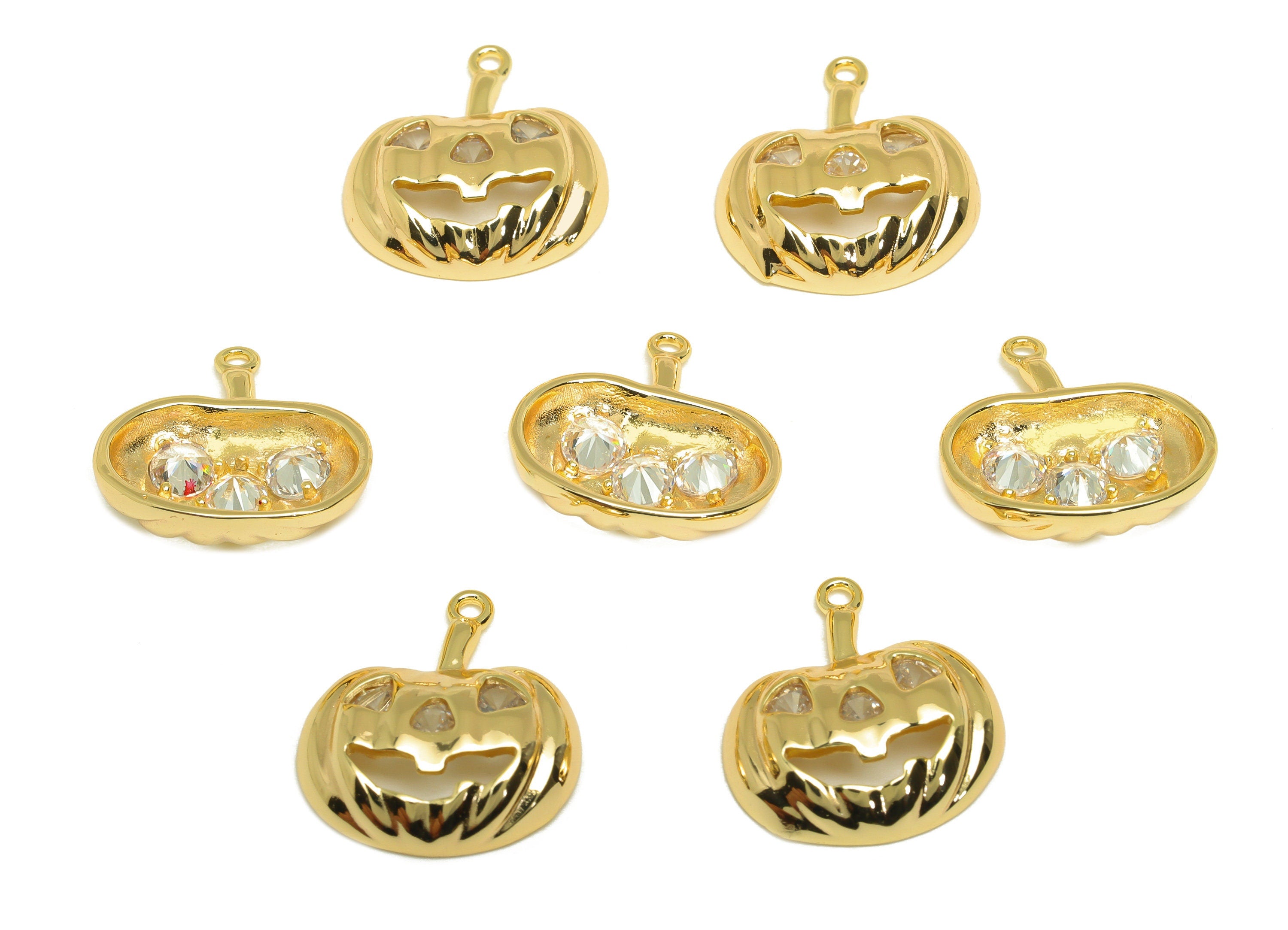 Brass CZ Pumpkin Earring Charm - Brass Halloween Earring Charms - Brass Cubic Zircon Pendant - 18K Real Gold Plating - 19.8x17x5mm - RGP6782 - DOMEDBAZAAR