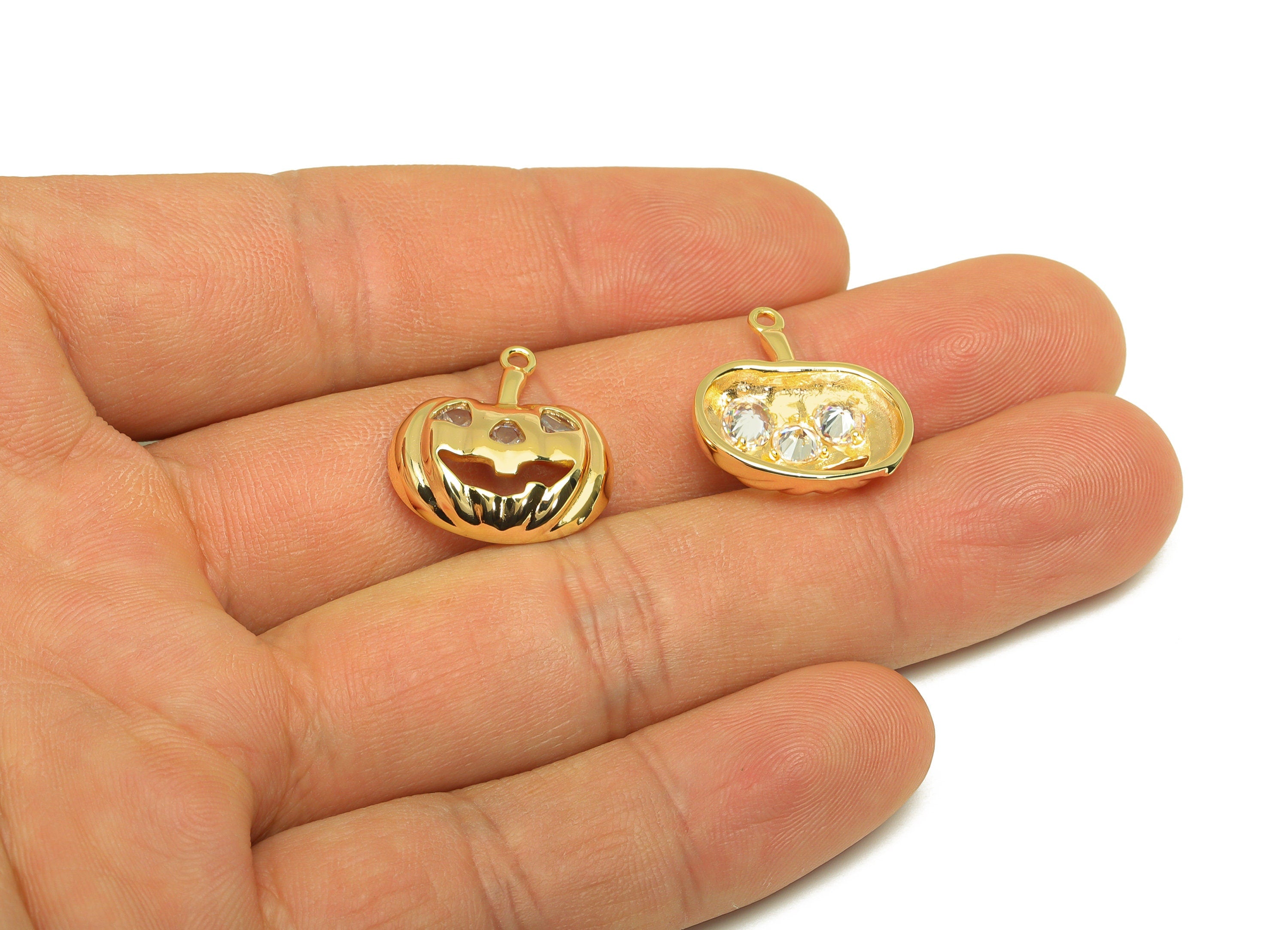 Brass CZ Pumpkin Earring Charm - Brass Halloween Earring Charms - Brass Cubic Zircon Pendant - 18K Real Gold Plating - 19.8x17x5mm - RGP6782 - DOMEDBAZAAR