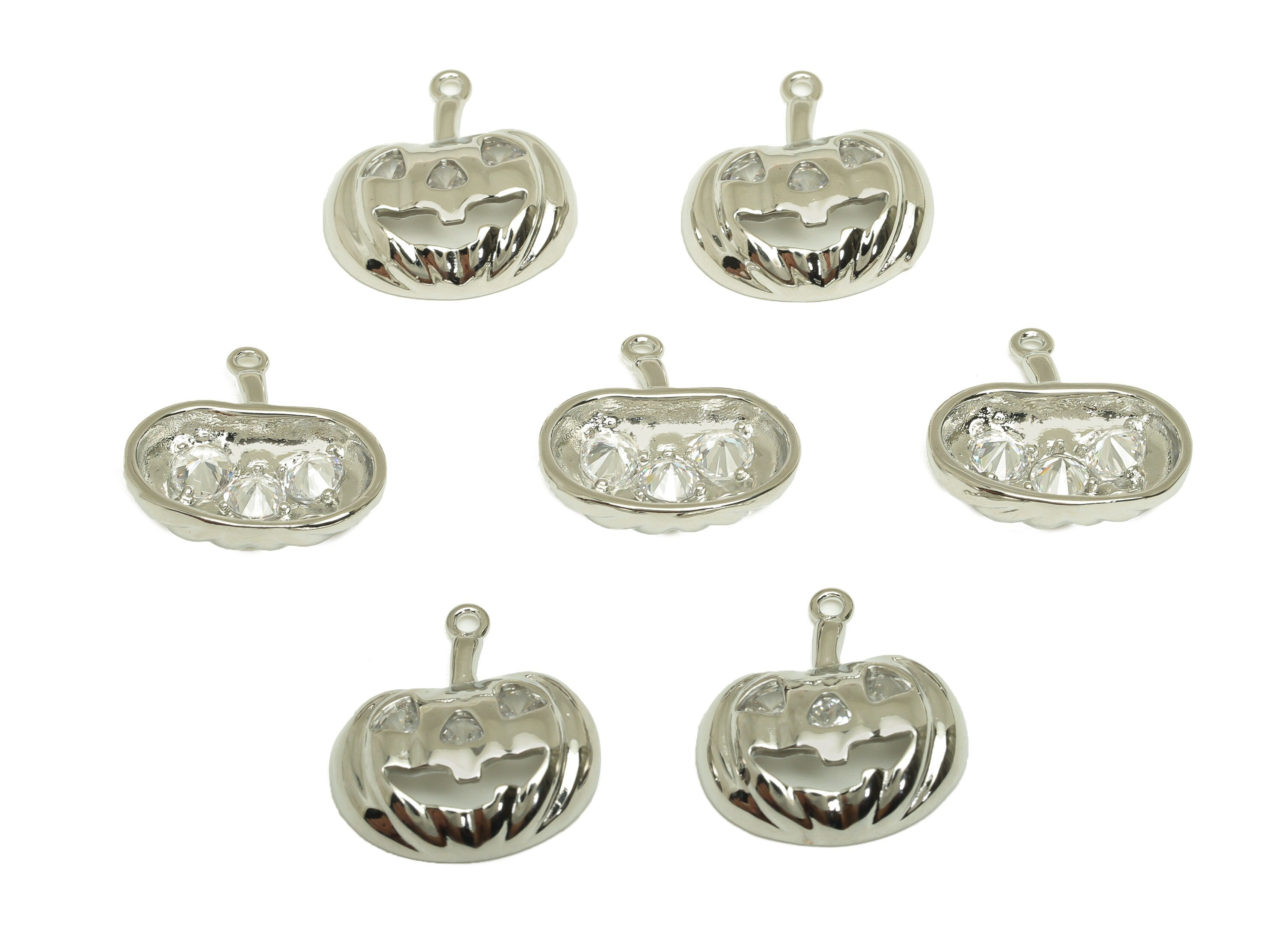 Brass CZ Pumpkin Earring Charm - Brass Halloween Earring Charms - Brass Cubic Zircon Pendant - 18K Real White Plating - 19x17x5mm - RGP6781 - DOMEDBAZAAR