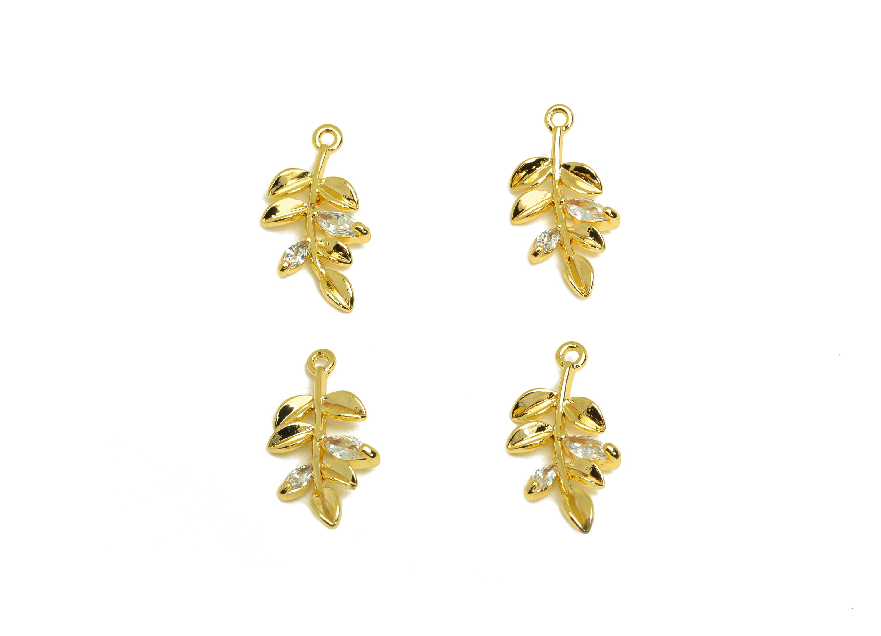 Brass CZ Leaf Earring Charm - Brass Branch Earring Charms - Brass Cubic Zircon Pendant - 18K Real Gold Plating - 17x8x2mm - RGP6793 - DOMEDBAZAAR