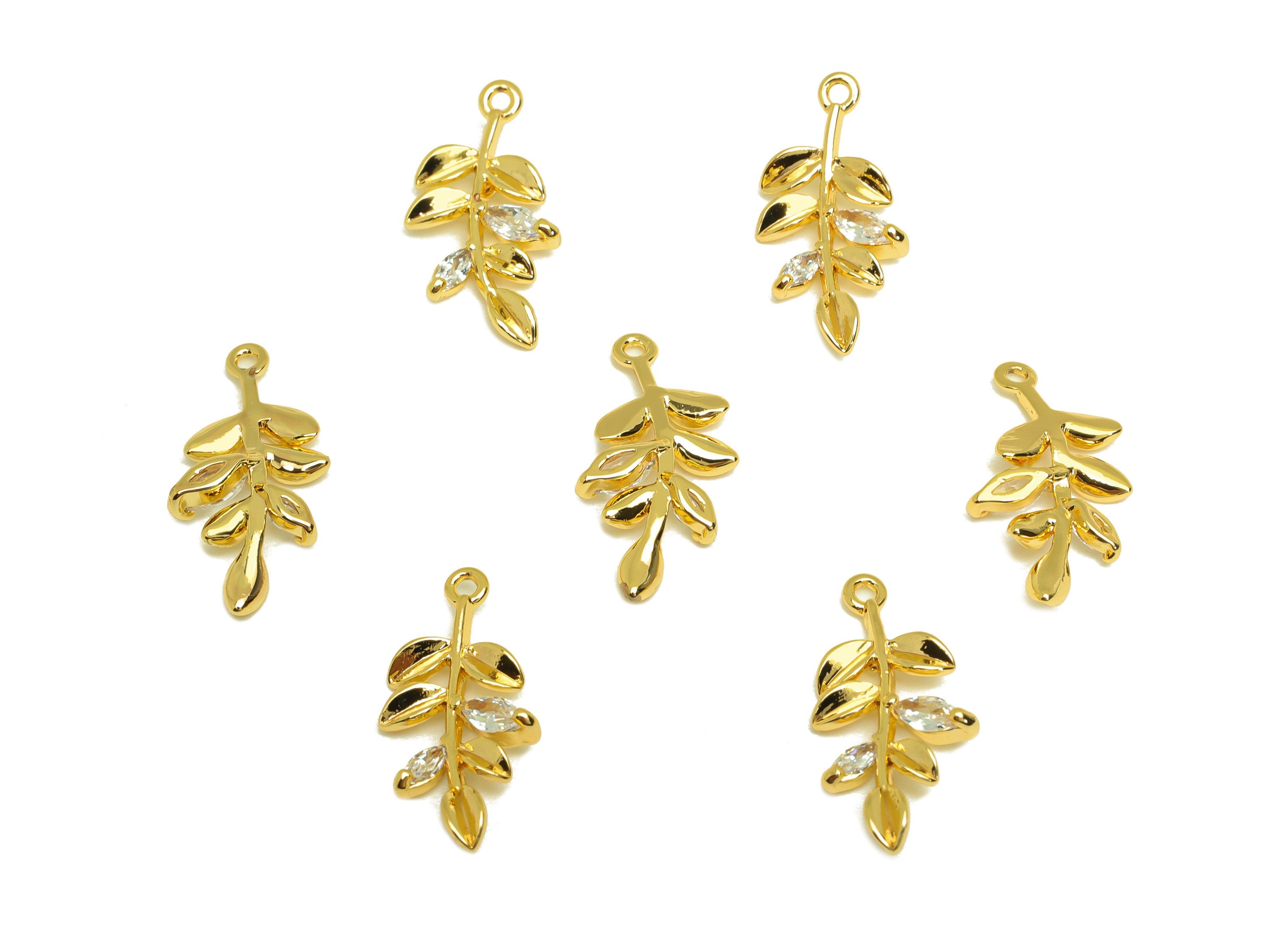 Brass CZ Leaf Earring Charm - Brass Branch Earring Charms - Brass Cubic Zircon Pendant - 18K Real Gold Plating - 17x8x2mm - RGP6793 - DOMEDBAZAAR