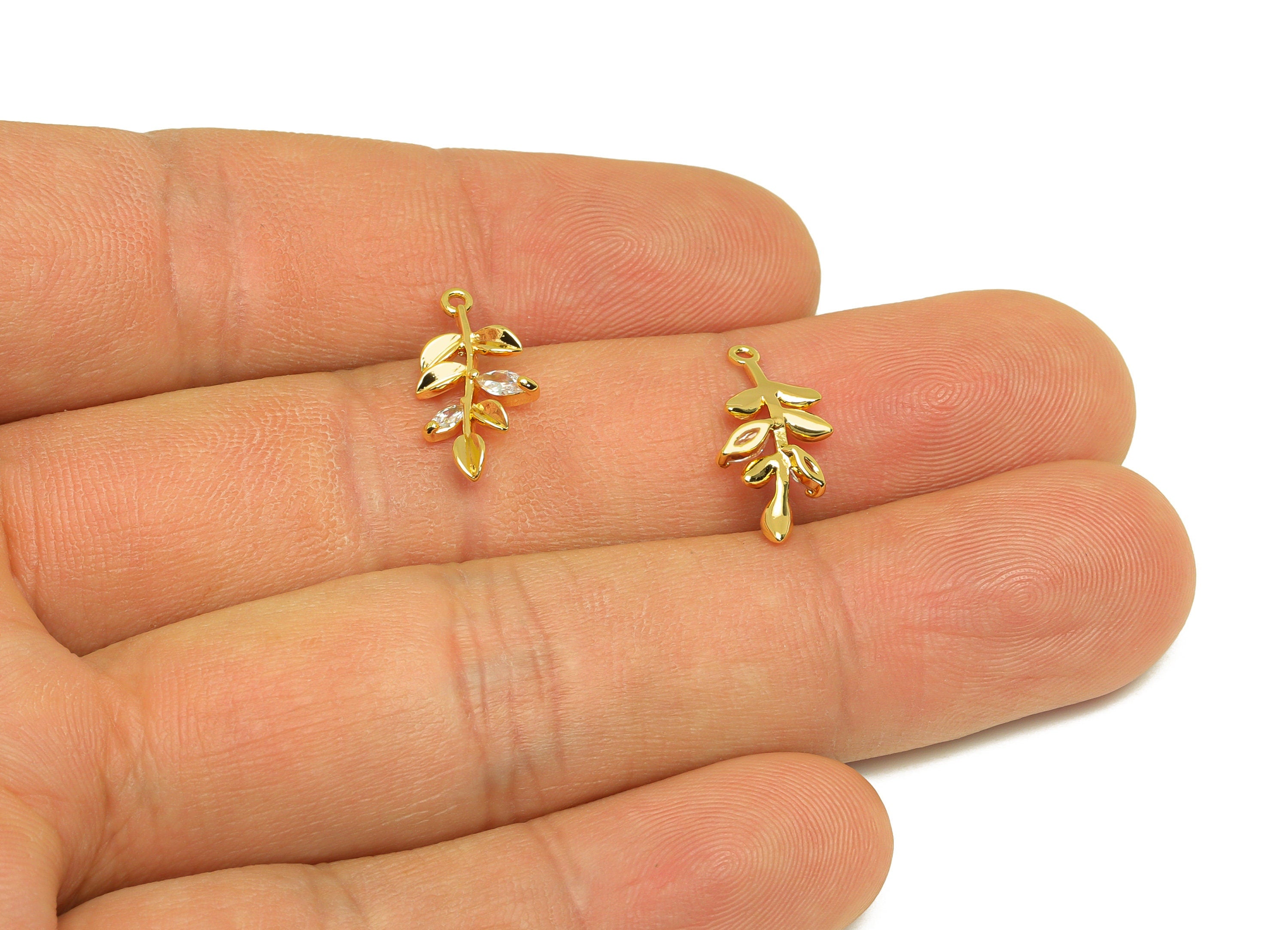 Brass CZ Leaf Earring Charm - Brass Branch Earring Charms - Brass Cubic Zircon Pendant - 18K Real Gold Plating - 17x8x2mm - RGP6793 - DOMEDBAZAAR