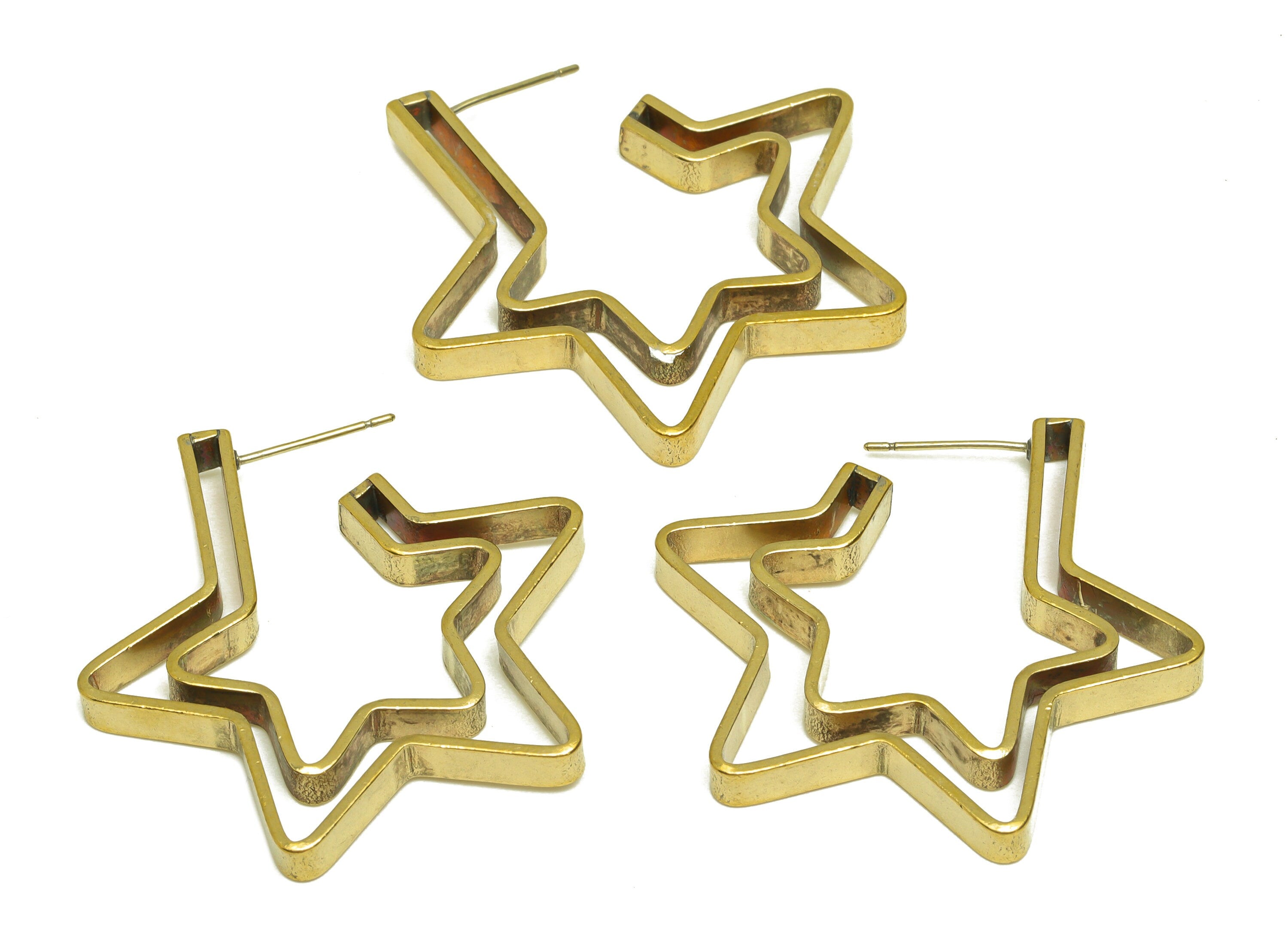 Brass Star Earring Stud - Raw Brass Open Star Earring Post - Brass Double Star Earring Post - Brass Star Earring - 37.4x34.5x4mm - PP10613 - DOMEDBAZAAR