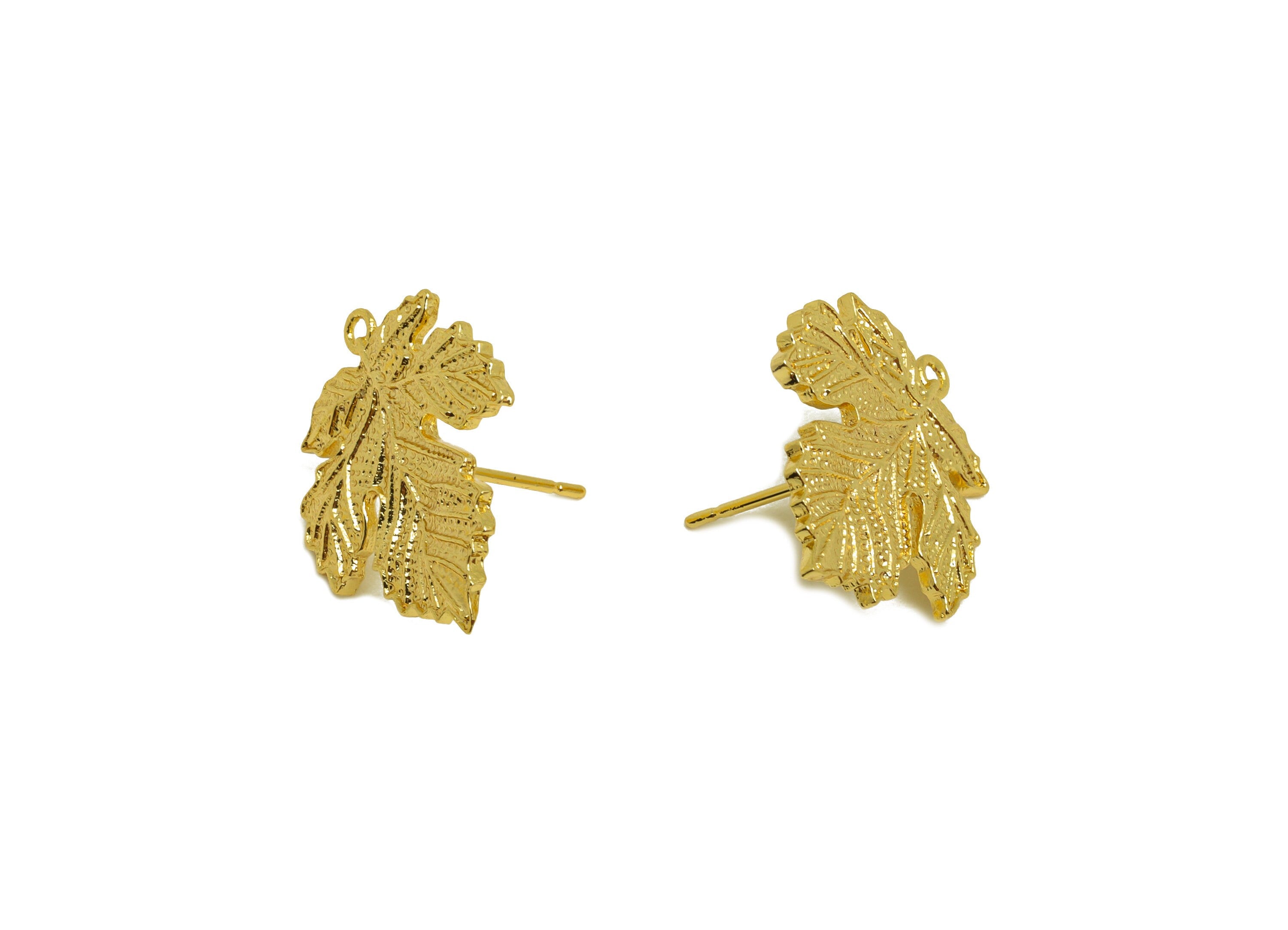 Brass Mape Leaf Earring Stud - Brass Textured Leaf Earring Post - Leaf Earring Post With Loop - 18K Real Gold Plating - 20x18x1mm - RGP6791 - DOMEDBAZAAR