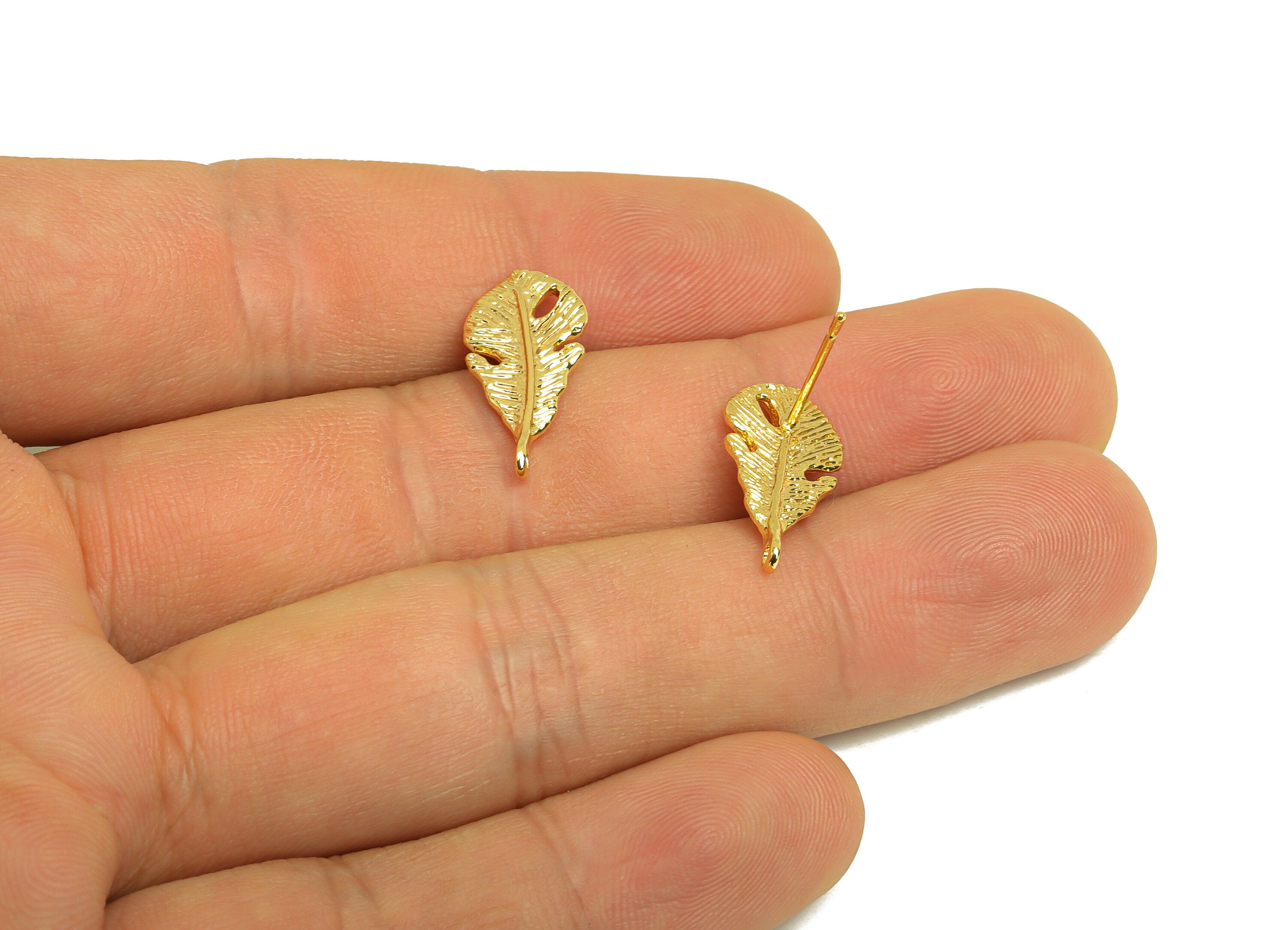 Brass Feather Earring Stud - Brass Textured Feather Earring Post - Earring Post With Loop - 18K Real Gold Plating - 18.31x9x0.7mm - RGP6795 - DOMEDBAZAAR