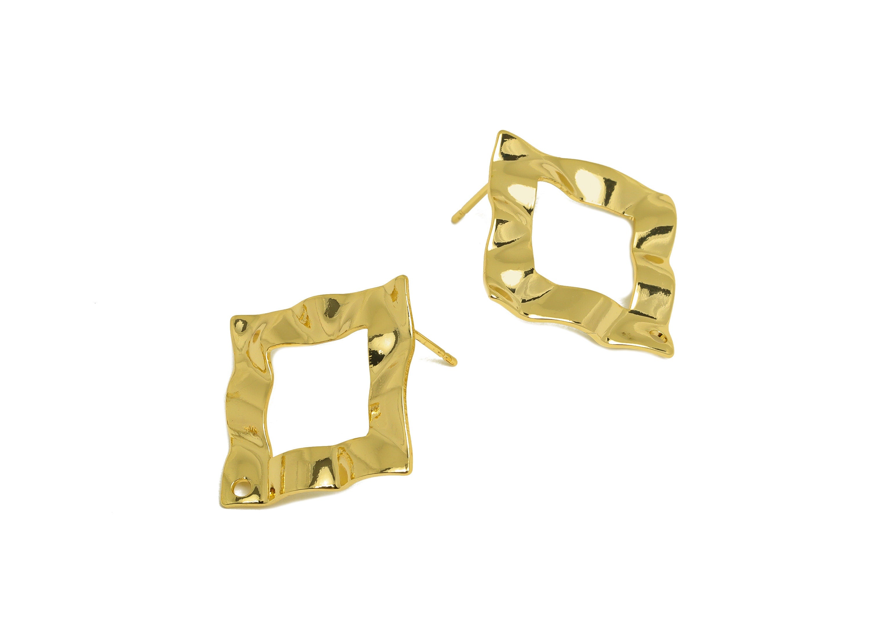 Brass Square Earring Stud - Brass Wavy Square Earring Post - Earring Post With Hole - 18K Real Gold Plating - 20.42x20.42x0.7mm - RGP6792 - DOMEDBAZAAR