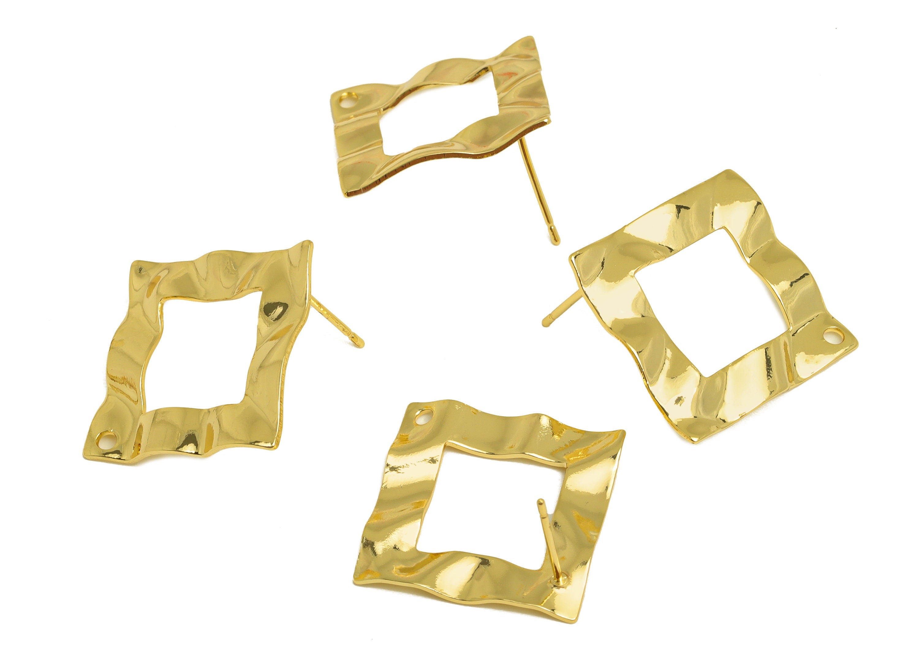 Brass Square Earring Stud - Brass Wavy Square Earring Post - Earring Post With Hole - 18K Real Gold Plating - 20.42x20.42x0.7mm - RGP6792 - DOMEDBAZAAR