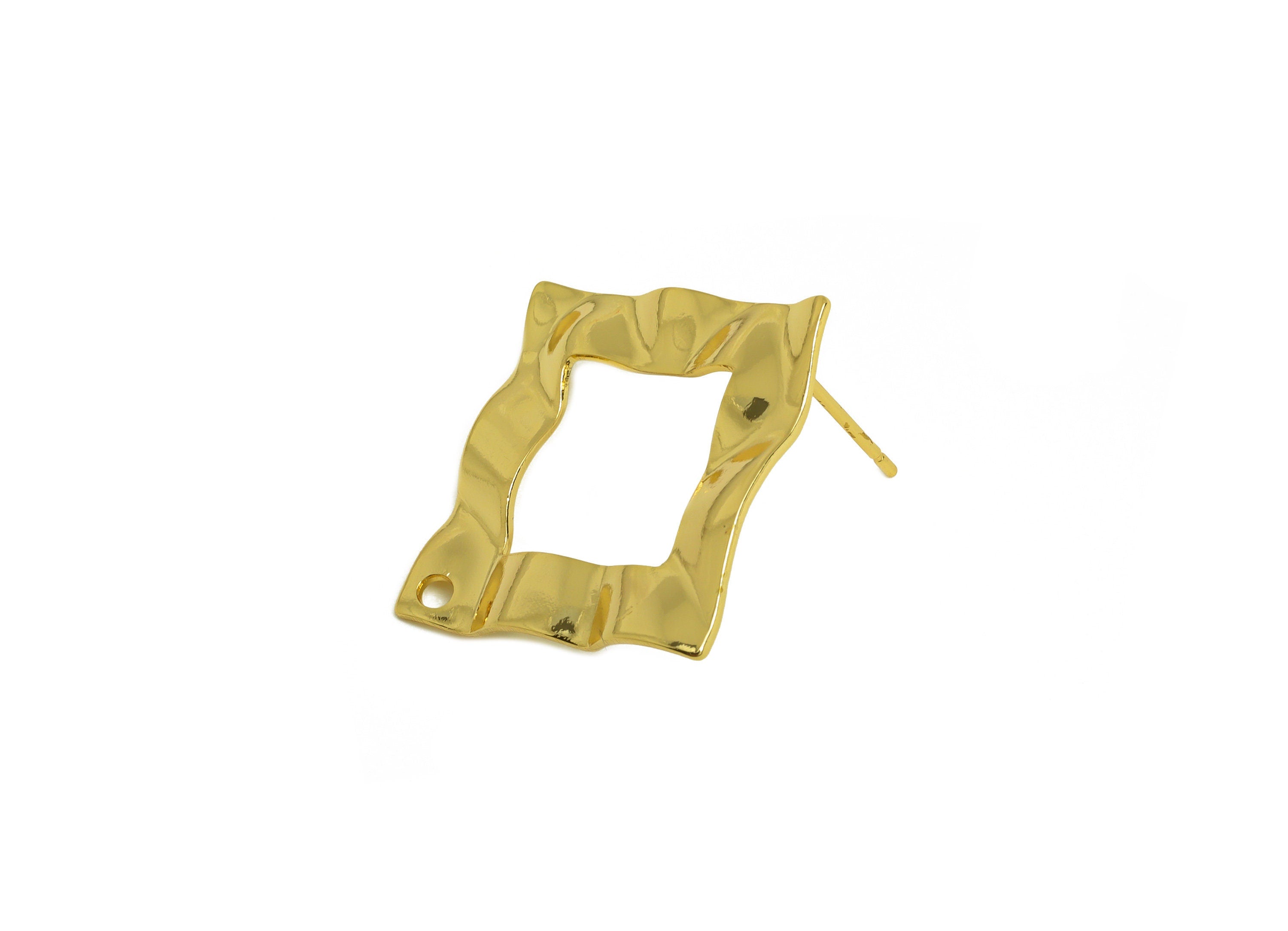 Brass Square Earring Stud - Brass Wavy Square Earring Post - Earring Post With Hole - 18K Real Gold Plating - 20.42x20.42x0.7mm - RGP6792 - DOMEDBAZAAR