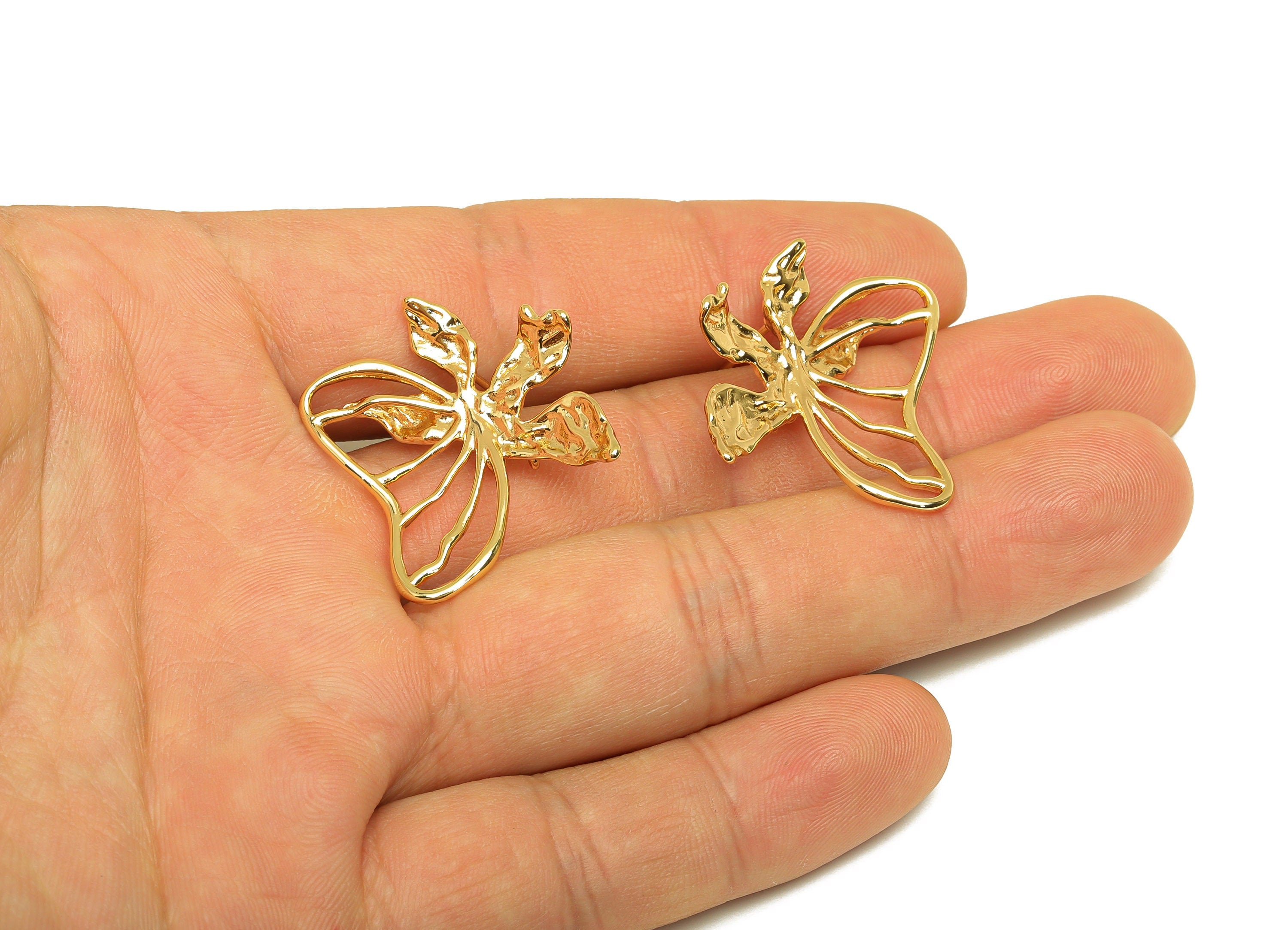 Brass Butterfly Earring Stud - Brass Hollow Butterfly Earring Post - Splicing Textured Post - 18K Real Gold Plating - 30x24x0.75mm - RGP6802 - DOMEDBAZAAR