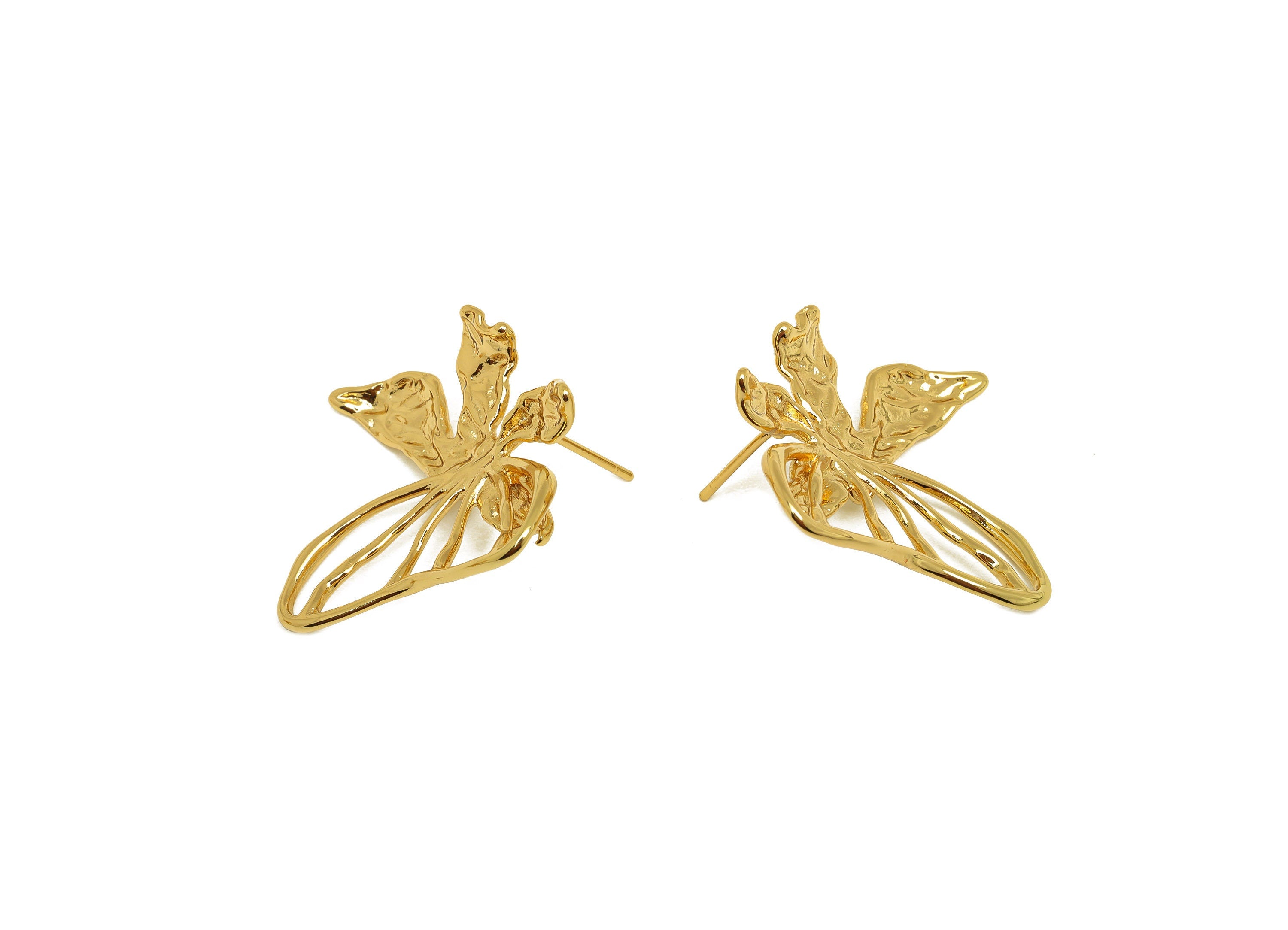 Brass Butterfly Earring Stud - Brass Hollow Butterfly Earring Post - Splicing Textured Post - 18K Real Gold Plating - 30x24x0.75mm - RGP6802 - DOMEDBAZAAR