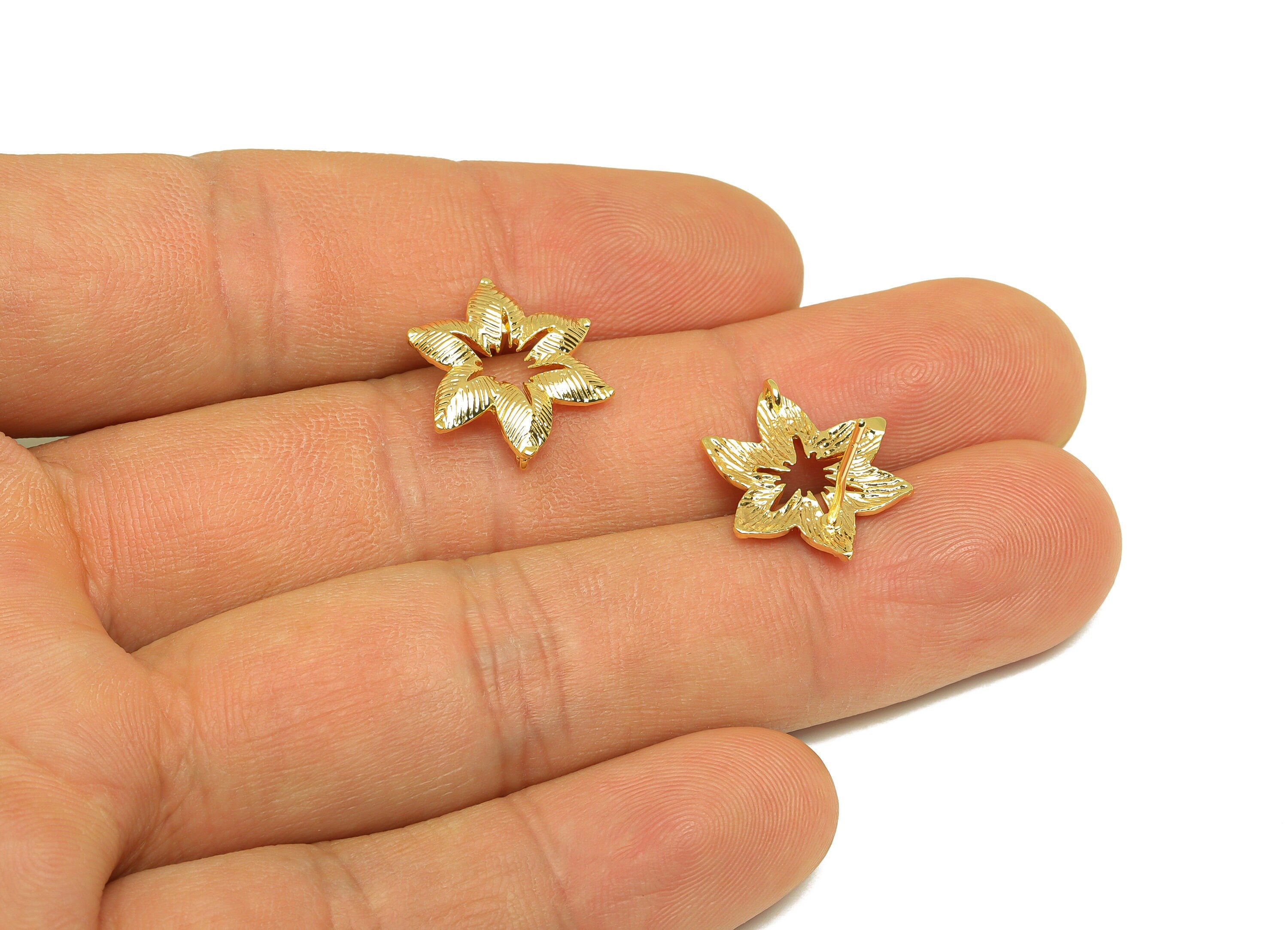 Brass Flower Earring Stud - Brass Textured Flower Earring Post - Brass Botanical Earring Post - 18K Real Gold Plating - 17x16x1mm - RGP6794 - DOMEDBAZAAR