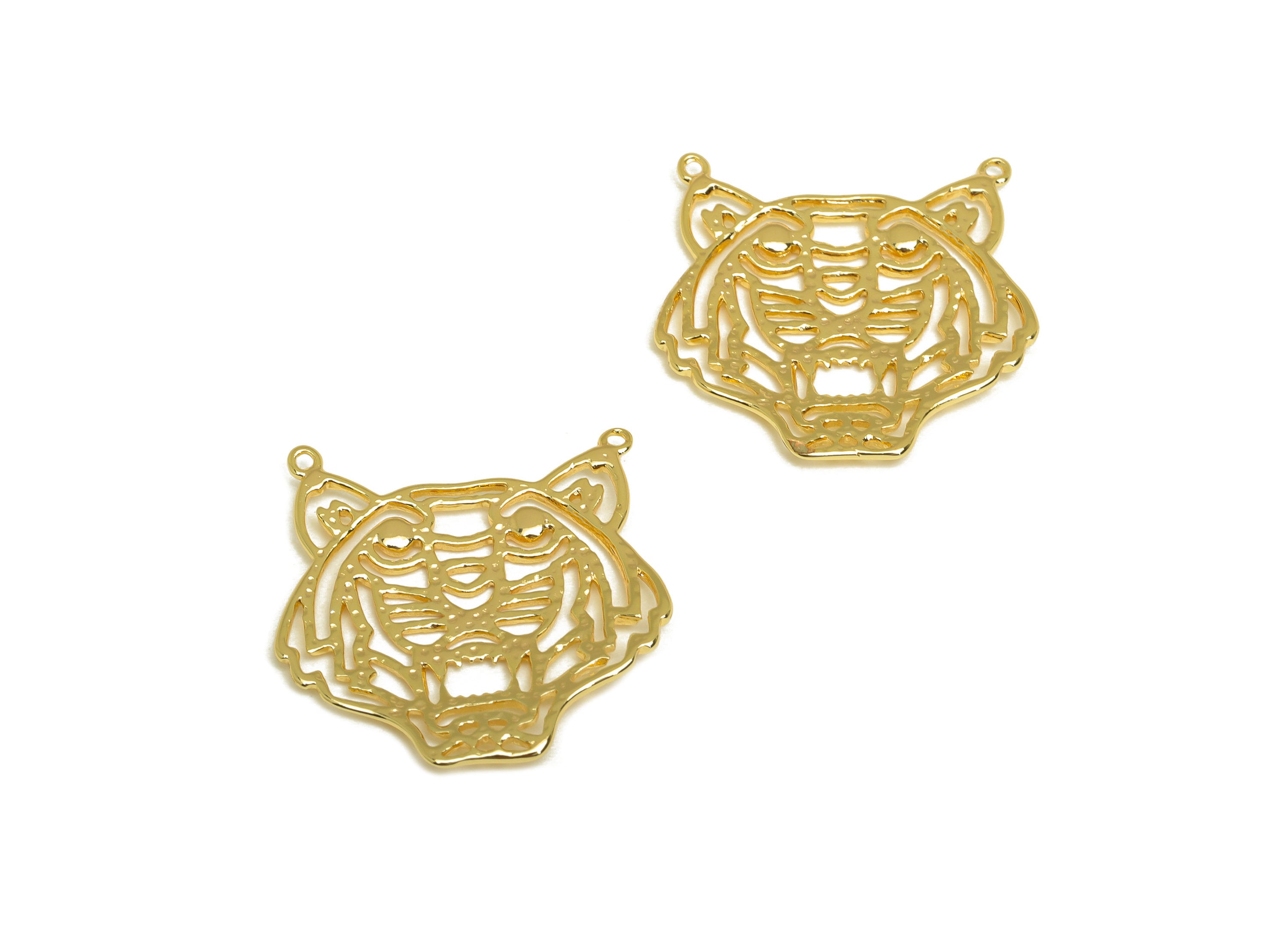 Brass Tiger Earring Charm - Brass Textured Tiger Earring Charms - Brass Hollow Tiger Pendant - 18K Real Gold Plating - 23x23x1.2mm - RGP6785 - DOMEDBAZAAR
