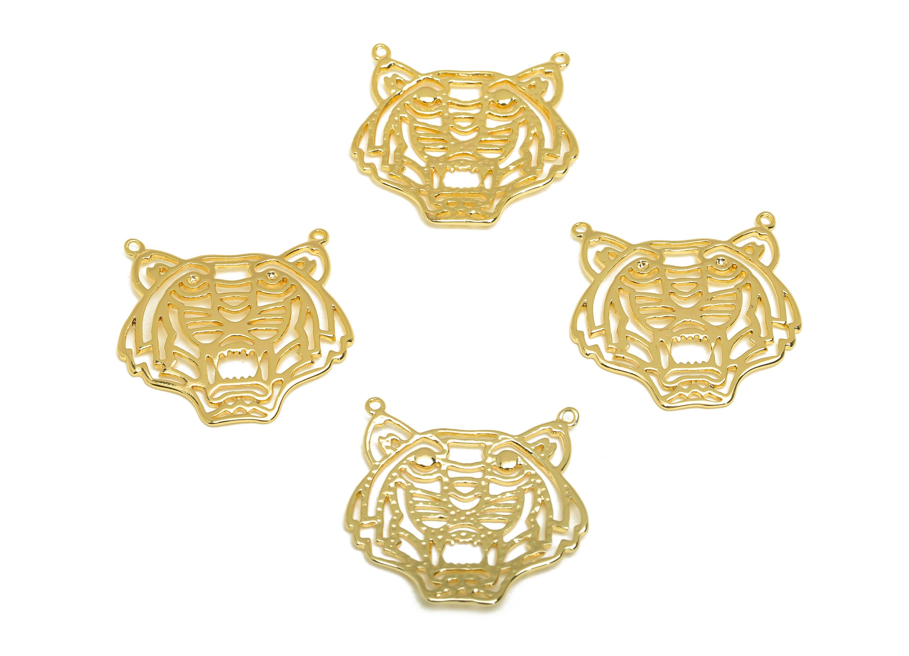 Brass Tiger Earring Charm - Brass Textured Tiger Earring Charms - Brass Hollow Tiger Pendant - 18K Real Gold Plating - 23x23x1.2mm - RGP6785 - DOMEDBAZAAR