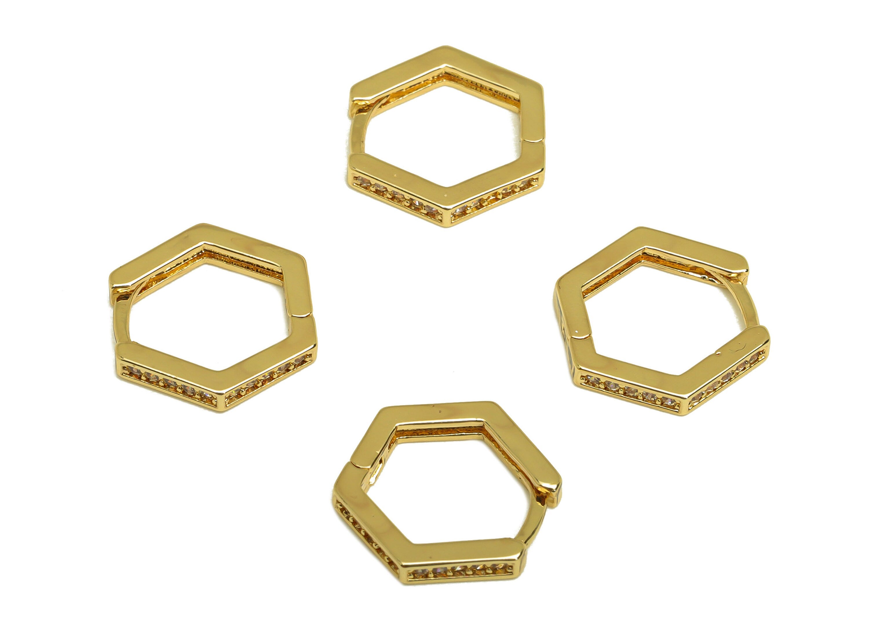Brass CZ Hoop Earring - Brass Hexagon Hoop Wire Earring Clasp - Zircon Huggie Hoop Earring - 18K Real Gold Plating - 13.53x12x2mm - RGP6815 - DOMEDBAZAAR
