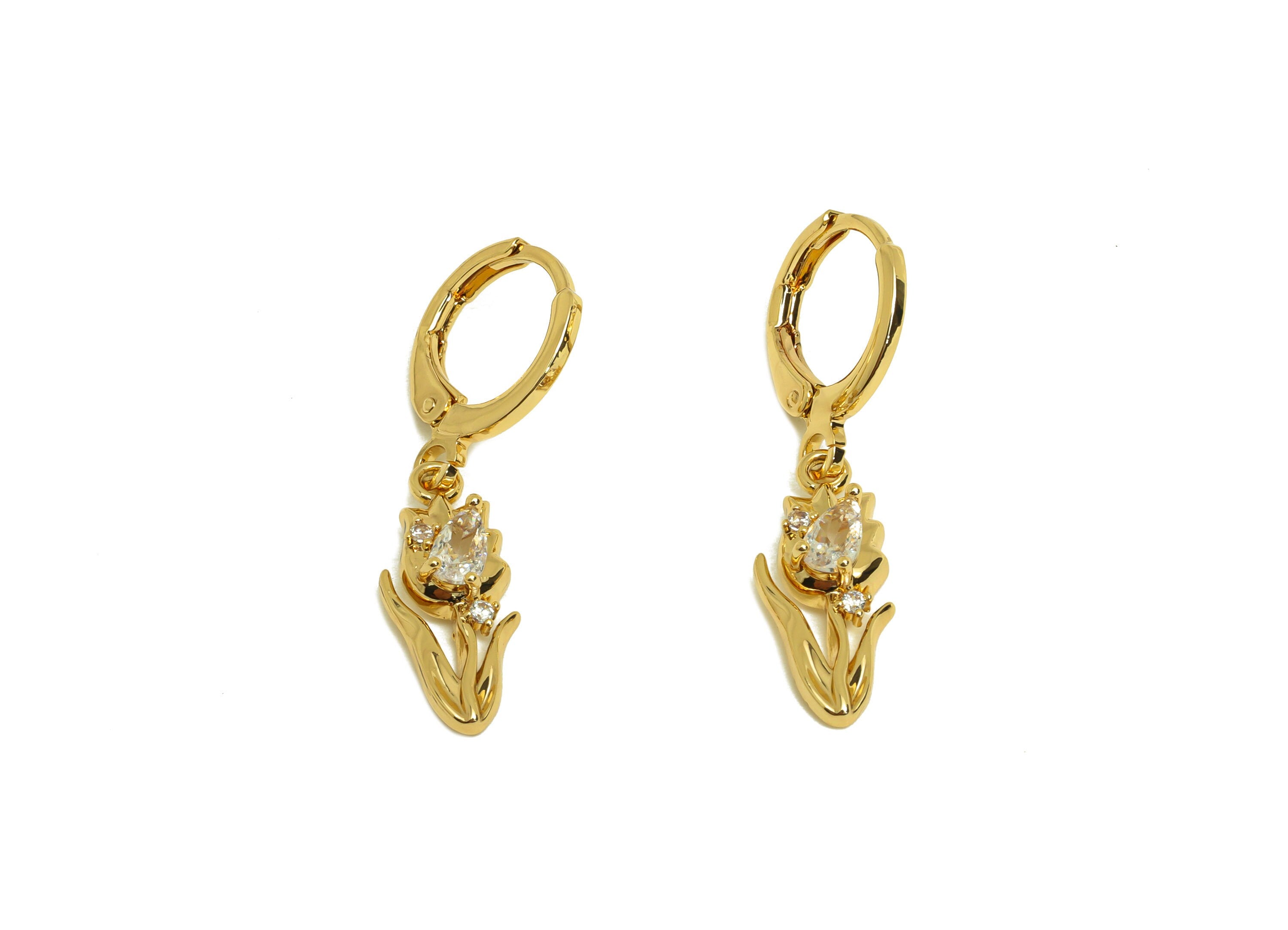 Brass Flower Hoop Earring - Brass Drop Tulip Lever Back Earring - Zircon Huggie Hoop Earring - 18K Real Gold Plating - 29x11x3mm - RGP6835 - DOMEDBAZAAR