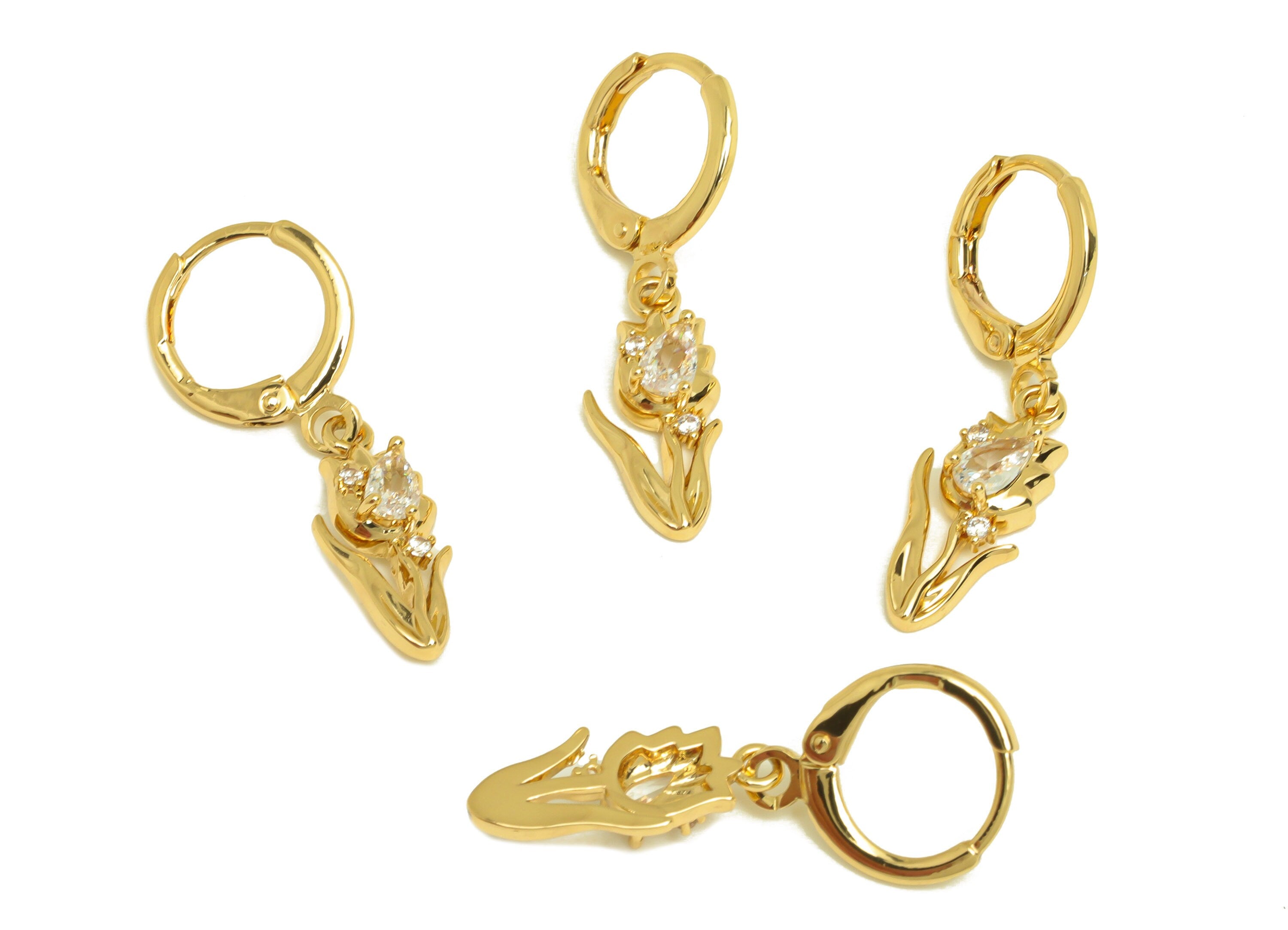 Brass Flower Hoop Earring - Brass Drop Tulip Lever Back Earring - Zircon Huggie Hoop Earring - 18K Real Gold Plating - 29x11x3mm - RGP6835 - DOMEDBAZAAR