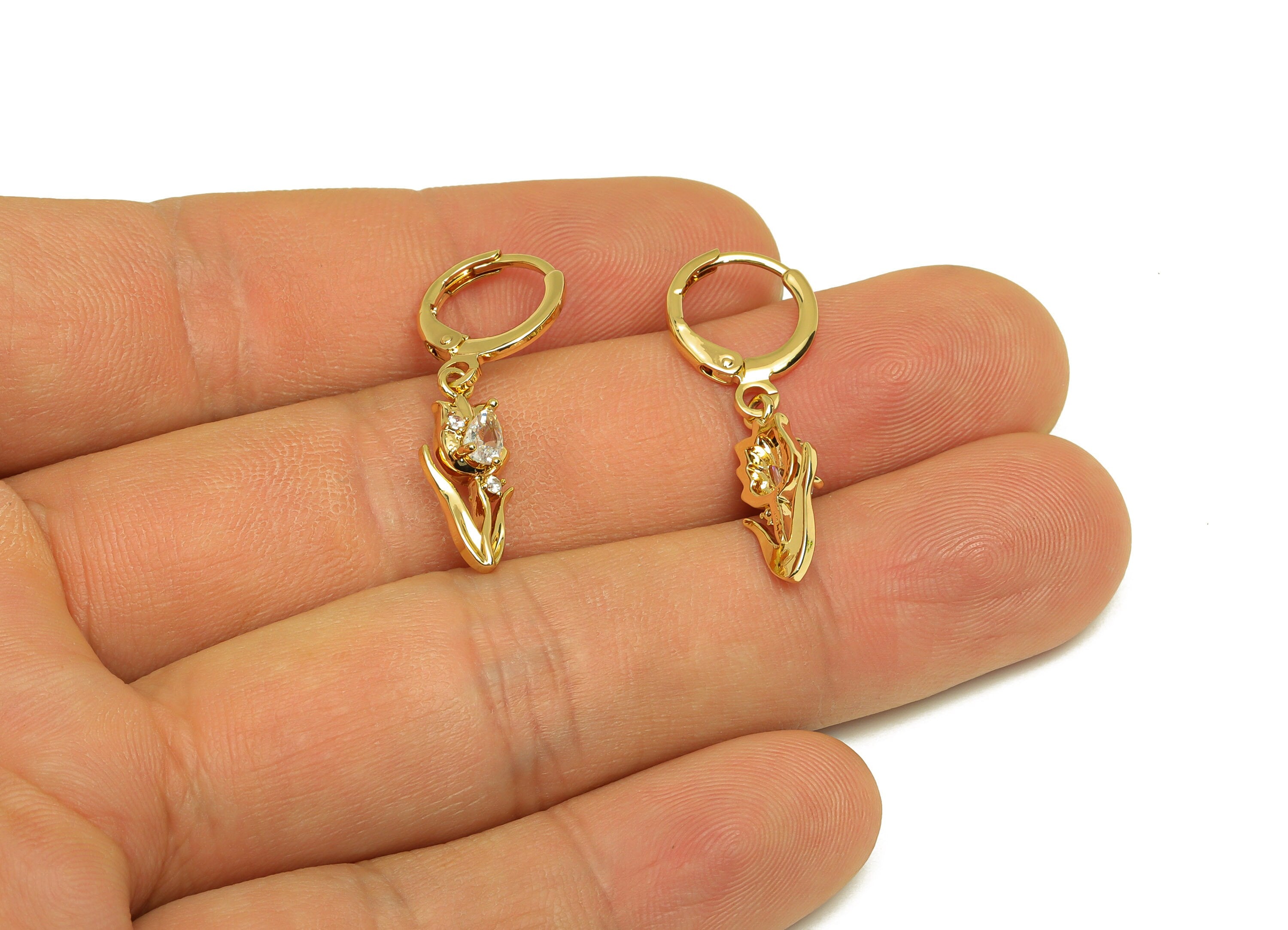 Brass Flower Hoop Earring - Brass Drop Tulip Lever Back Earring - Zircon Huggie Hoop Earring - 18K Real Gold Plating - 29x11x3mm - RGP6835 - DOMEDBAZAAR