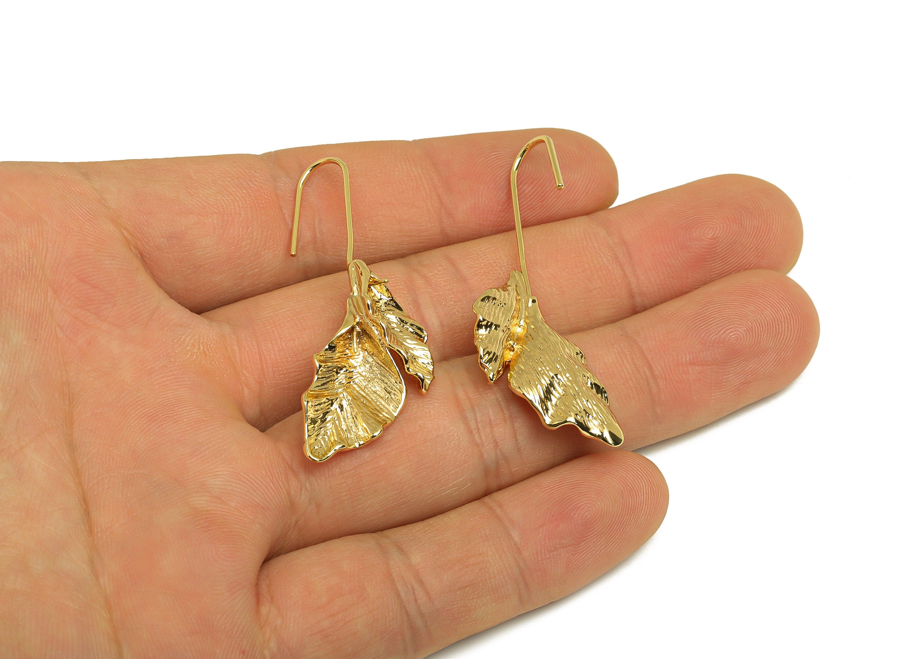 Brass Wire Leafs Earring - Brass Leaf Earring Wires For Peral - Brass Botanical Ear Hooks - 18K Real Gold Plating - 50x15x0.86mm - RGP6804 - DOMEDBAZAAR