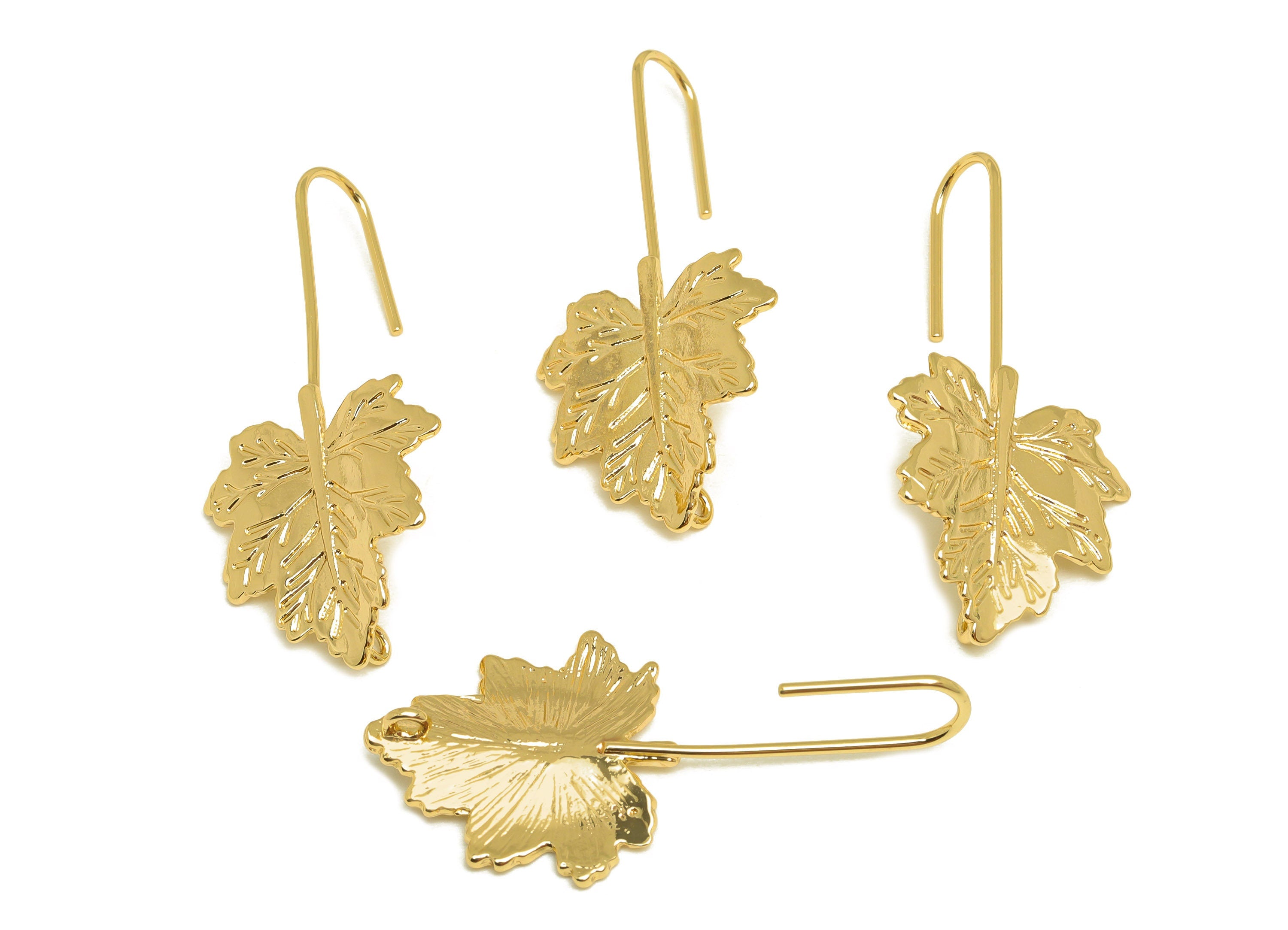 Brass Maple Leaf Earring - Brass Poplar Leaf Earring Wires - Brass Botanical Ear Hooks - 18K Real Gold Plating - 41x20.53x0.85mm - RGP6817 - DOMEDBAZAAR