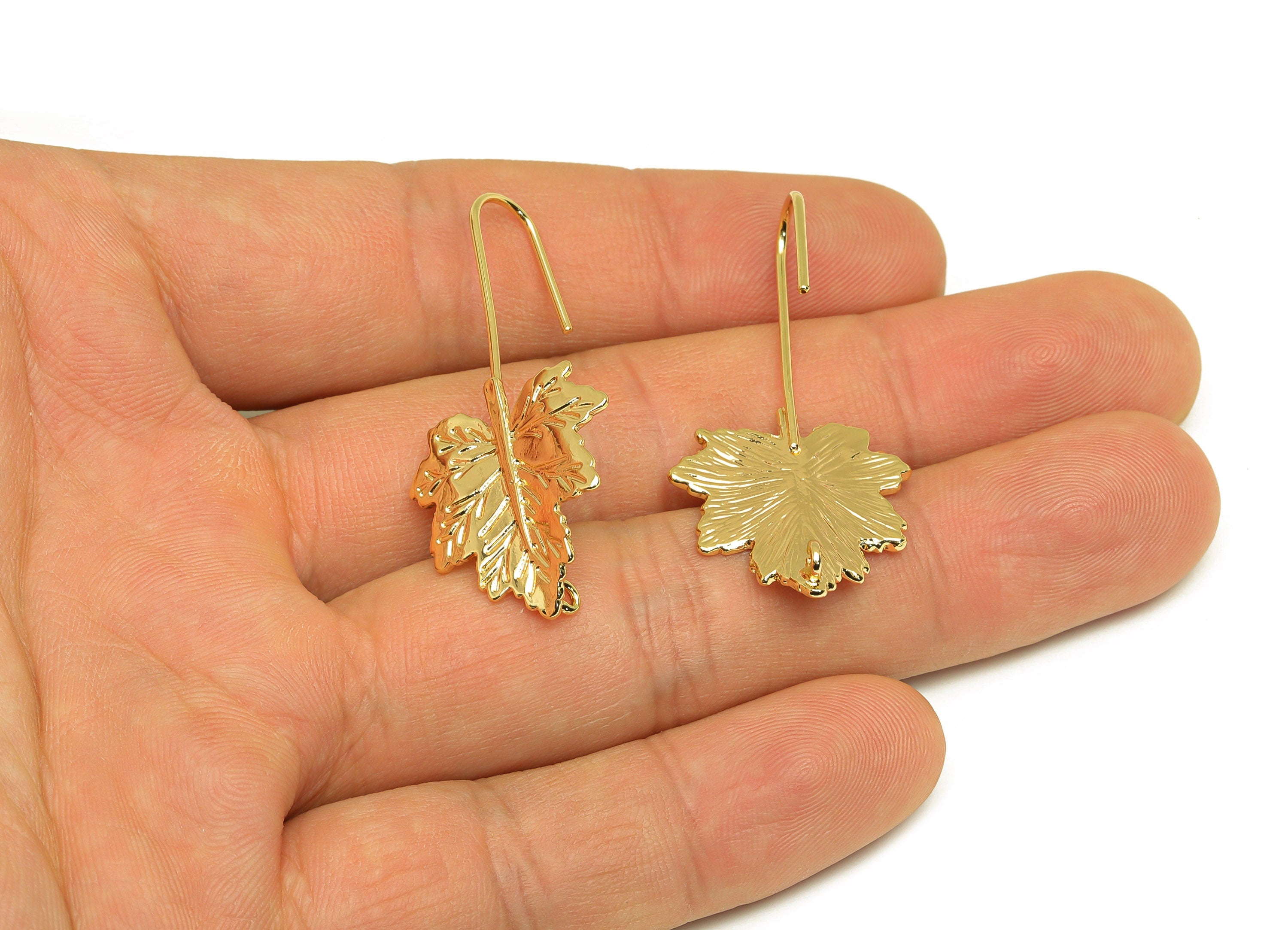 Brass Maple Leaf Earring - Brass Poplar Leaf Earring Wires - Brass Botanical Ear Hooks - 18K Real Gold Plating - 41x20.53x0.85mm - RGP6817 - DOMEDBAZAAR