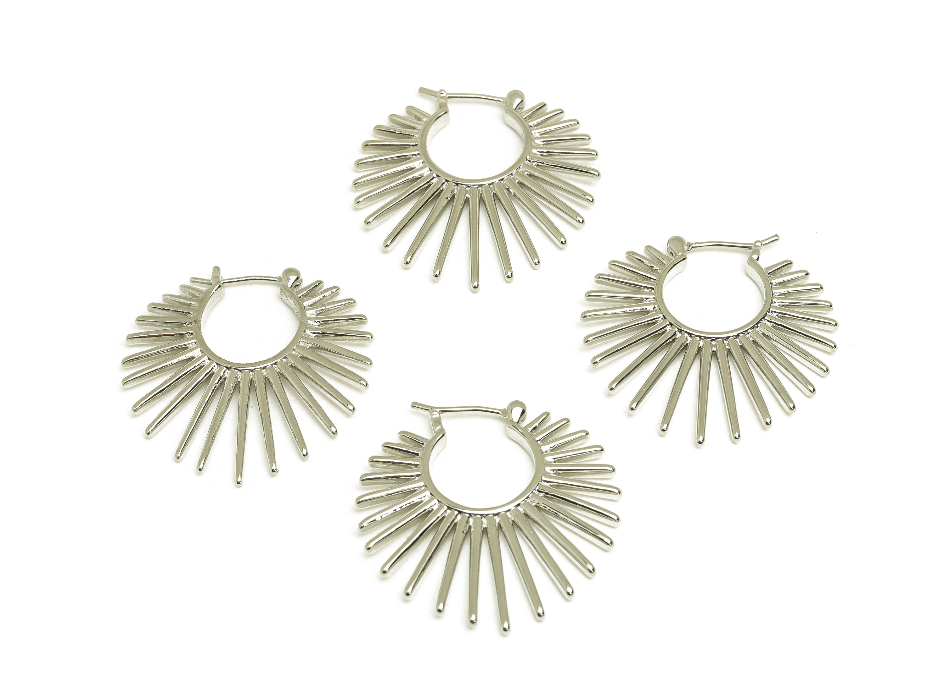 Brass Sun Hoop Earring - Brass Sunshine Hinged Lock Earring - Brass Stick Hoop Earring - 18K Real White Plating - 43x14x1.93mm- RGP6806 - DOMEDBAZAAR