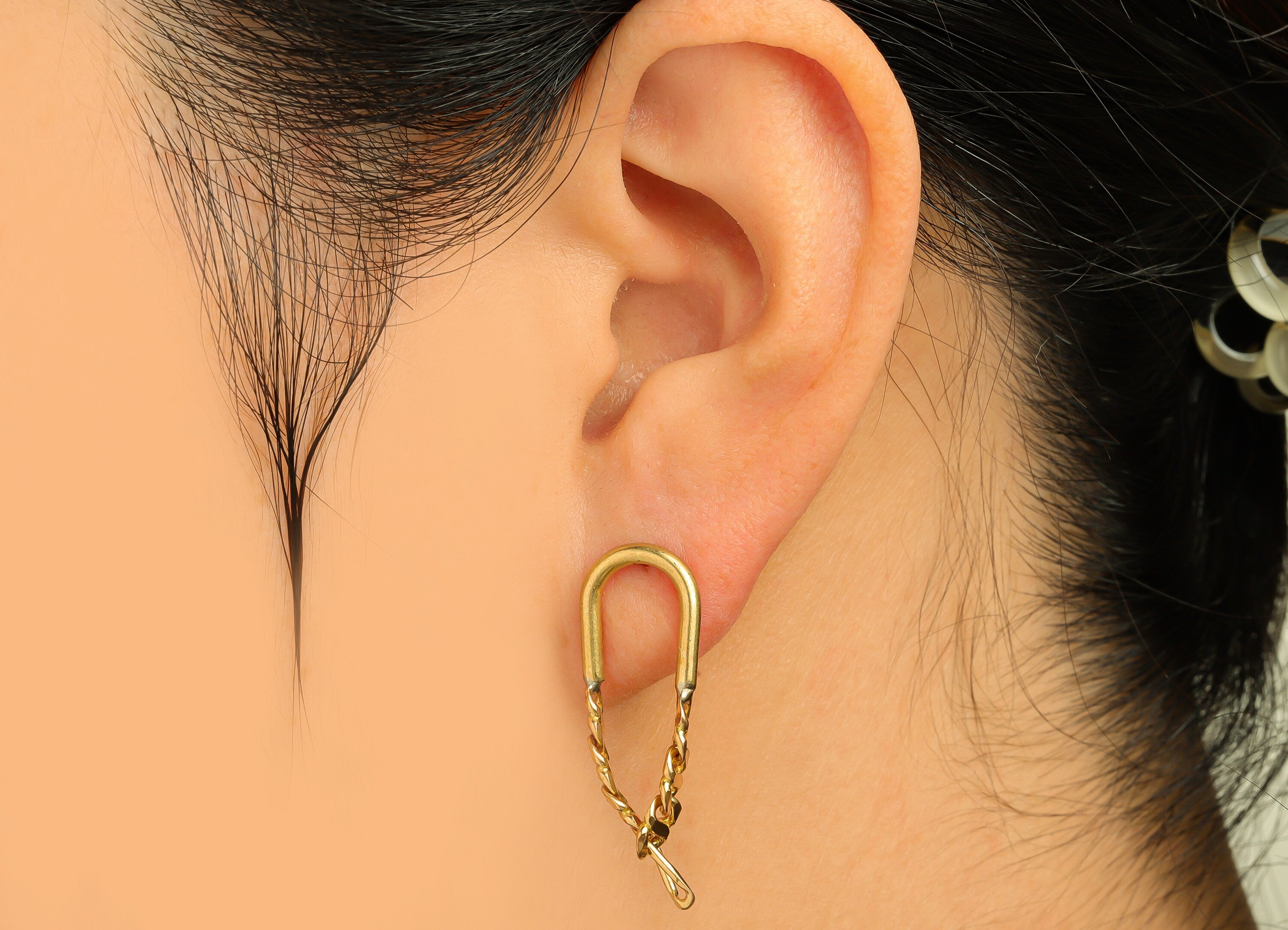 Brass U Chian Earring Stud - Raw Brass Hammered Chain Earring Post - Brass Geometry Earring Stud- Interlock Post - 27x11.6x2mm - PP10579 - DOMEDBAZAAR