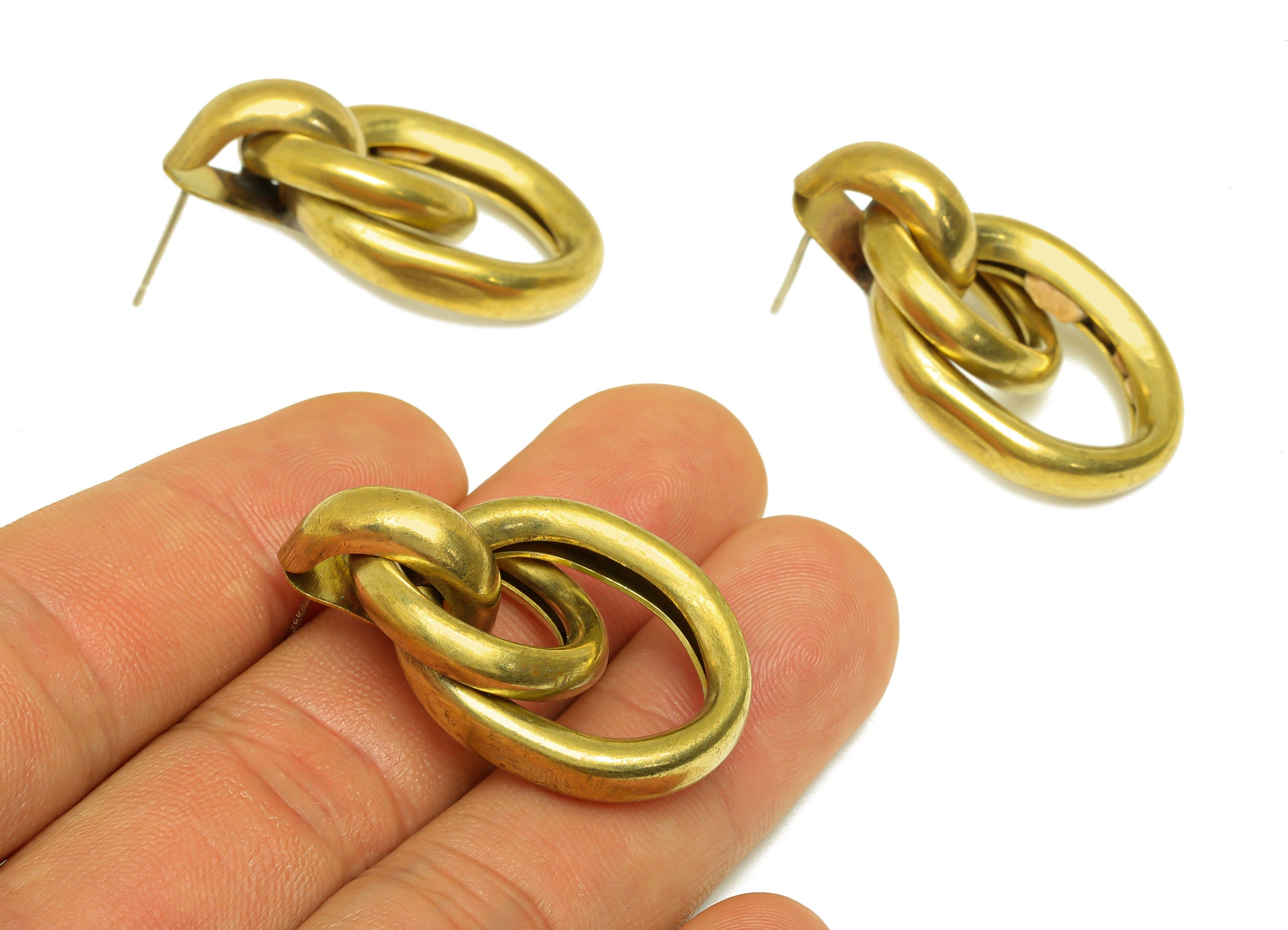 Brass Interlock Earring Stud - Raw Brass Thick Oval Earring Post - Brass Geometry Earring Stud- 925 Silver Post - 35x21x11mm - PP10584 - DOMEDBAZAAR