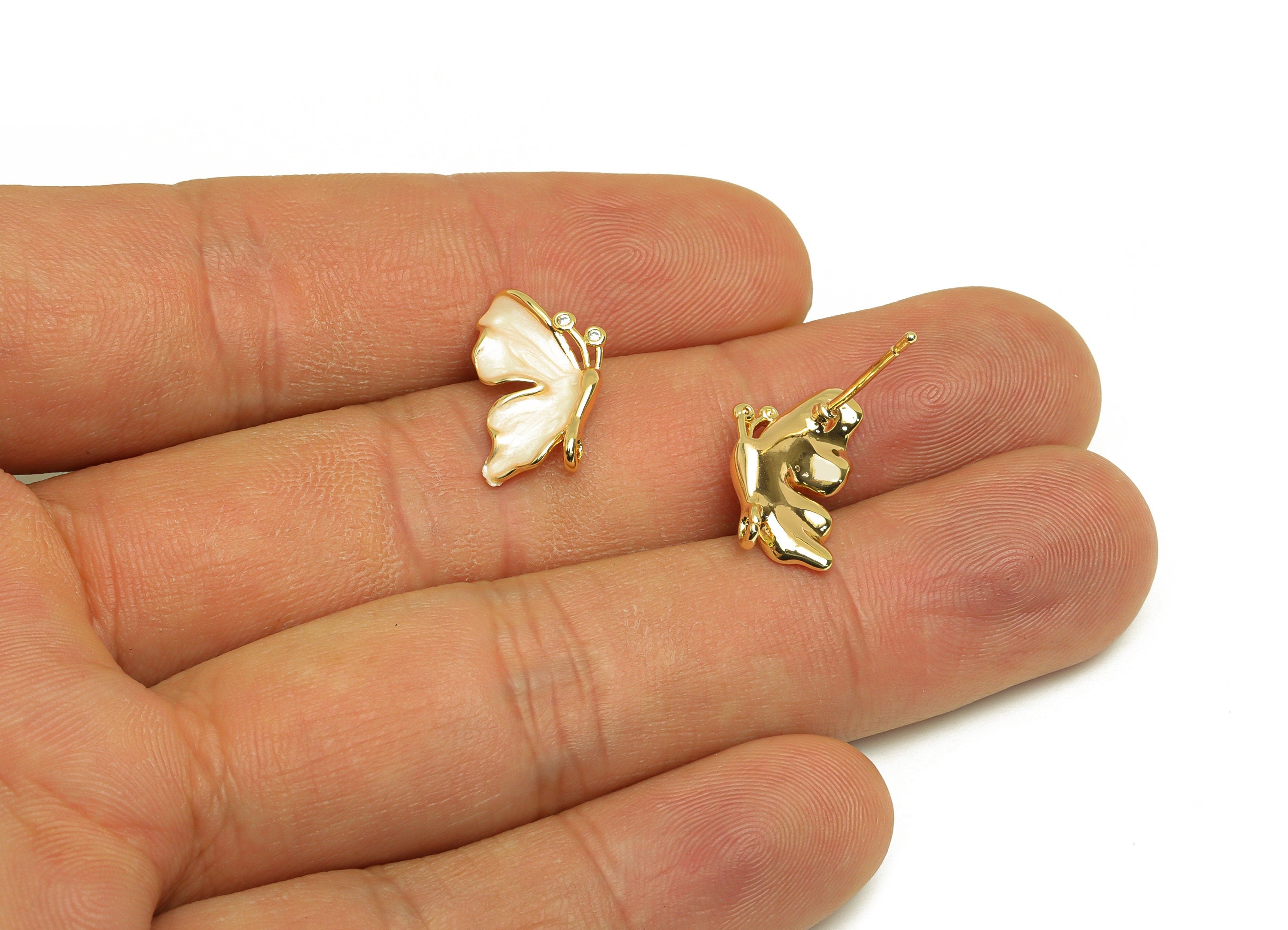 Brass CZ Butterfly Earring Stud - Brass Butterfly Earring Post - Cubic Zircon Earring With Loop - 18K Real Gold Plating - 16x9x1mm - RGP6792 - DOMEDBAZAAR