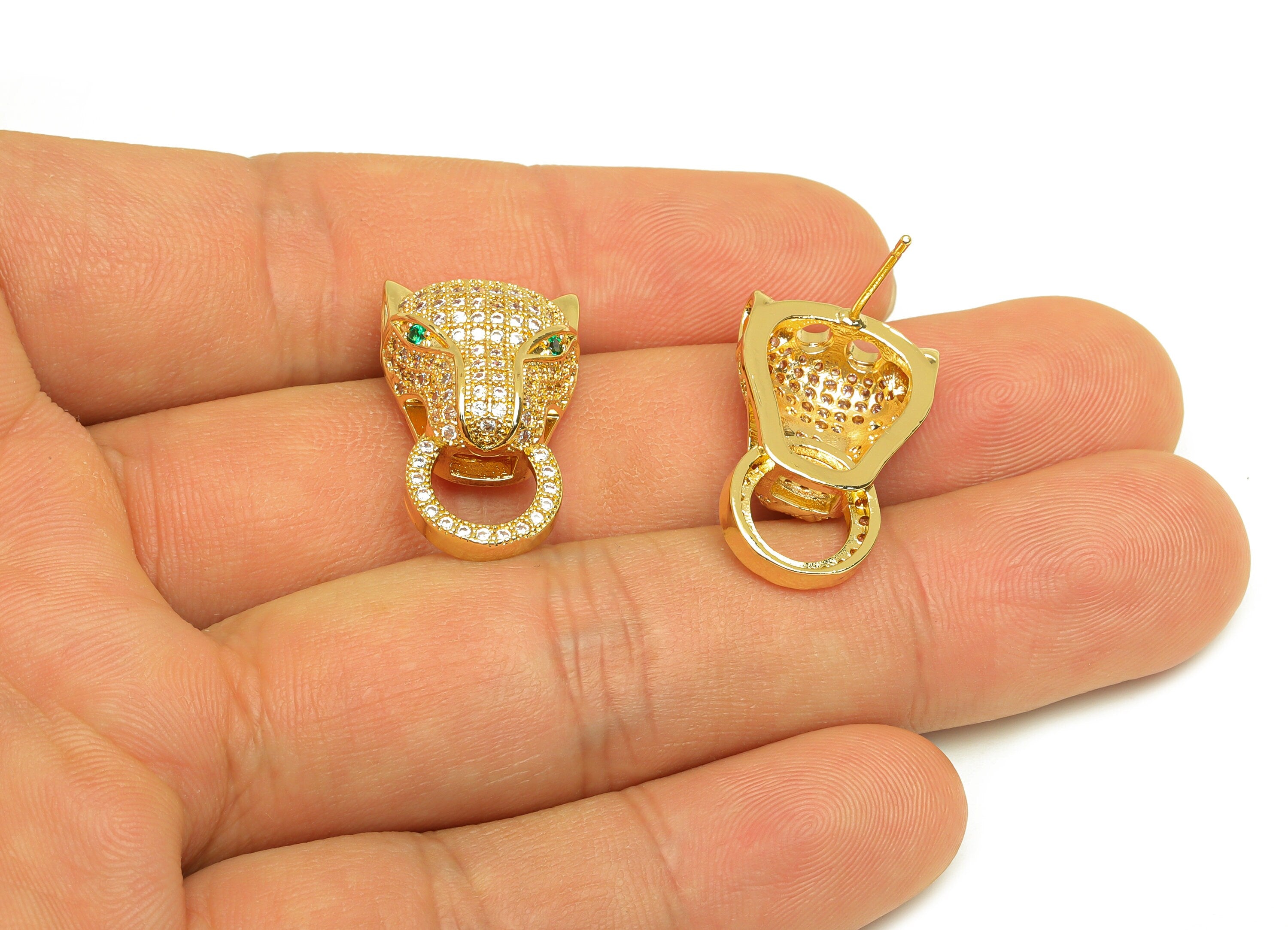 Brass CZ Wolf Earring Stud - Brass Cubic Wolf Earring Post - Rainbow Cubic Zircon Earring Post - 18K Real Gold Plating - 23x14x1mm - RGP6946 - DOMEDBAZAAR