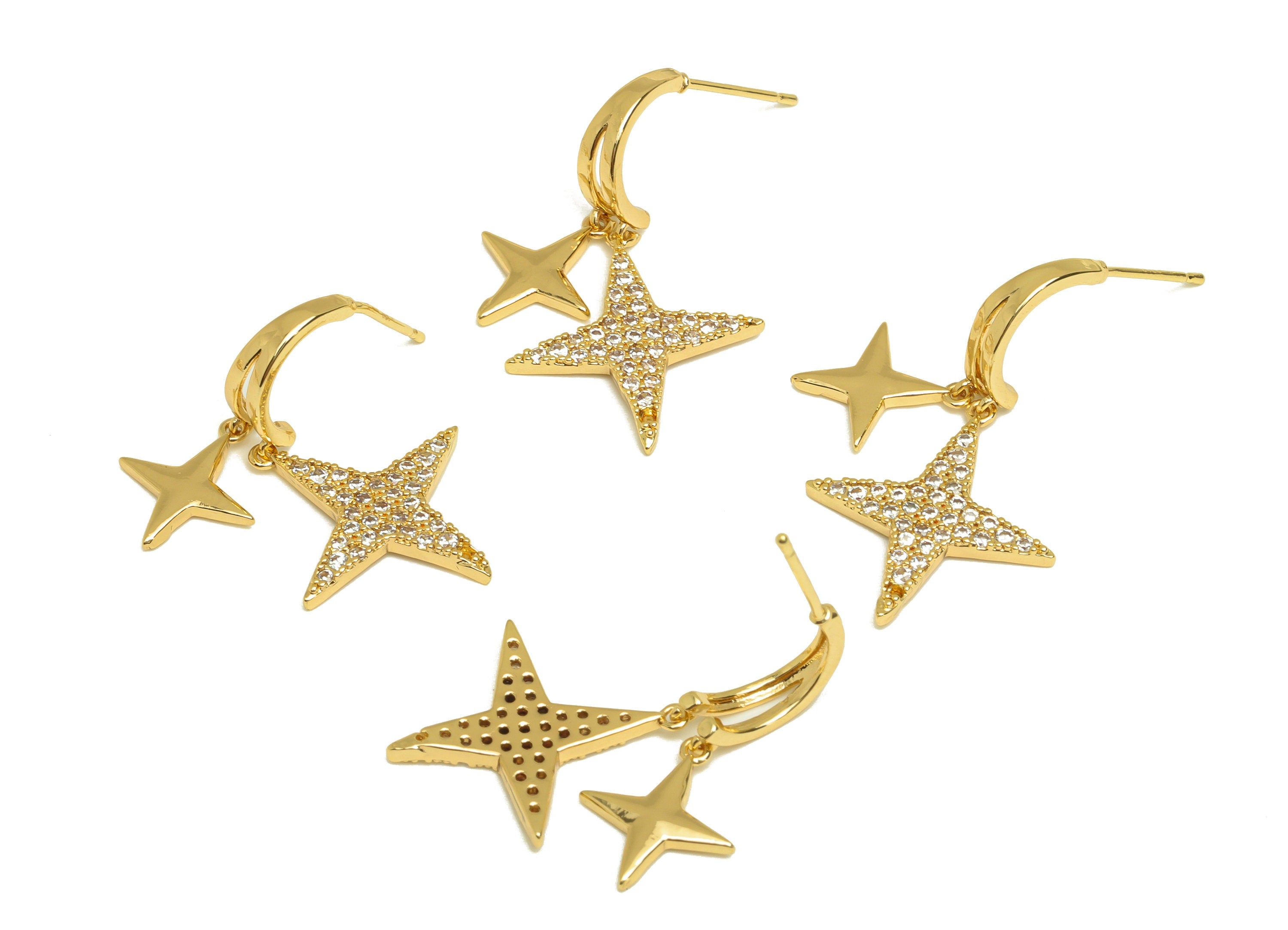 Brass CZ Star Earring Stud - Brass Dangle Hoop Star Earring Post - Brass Zircon Earring Post - 18K Real Gold Plating - 30x18x1mm - RGP6944 - DOMEDBAZAAR