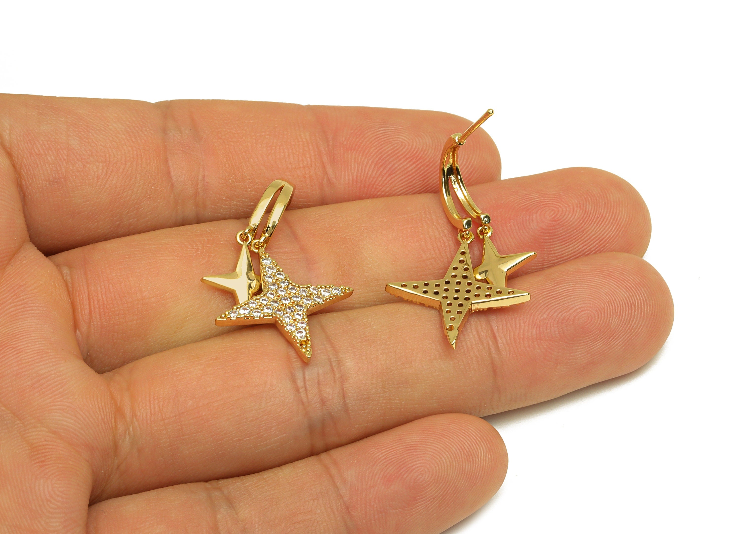 Brass CZ Star Earring Stud - Brass Dangle Hoop Star Earring Post - Brass Zircon Earring Post - 18K Real Gold Plating - 30x18x1mm - RGP6944 - DOMEDBAZAAR
