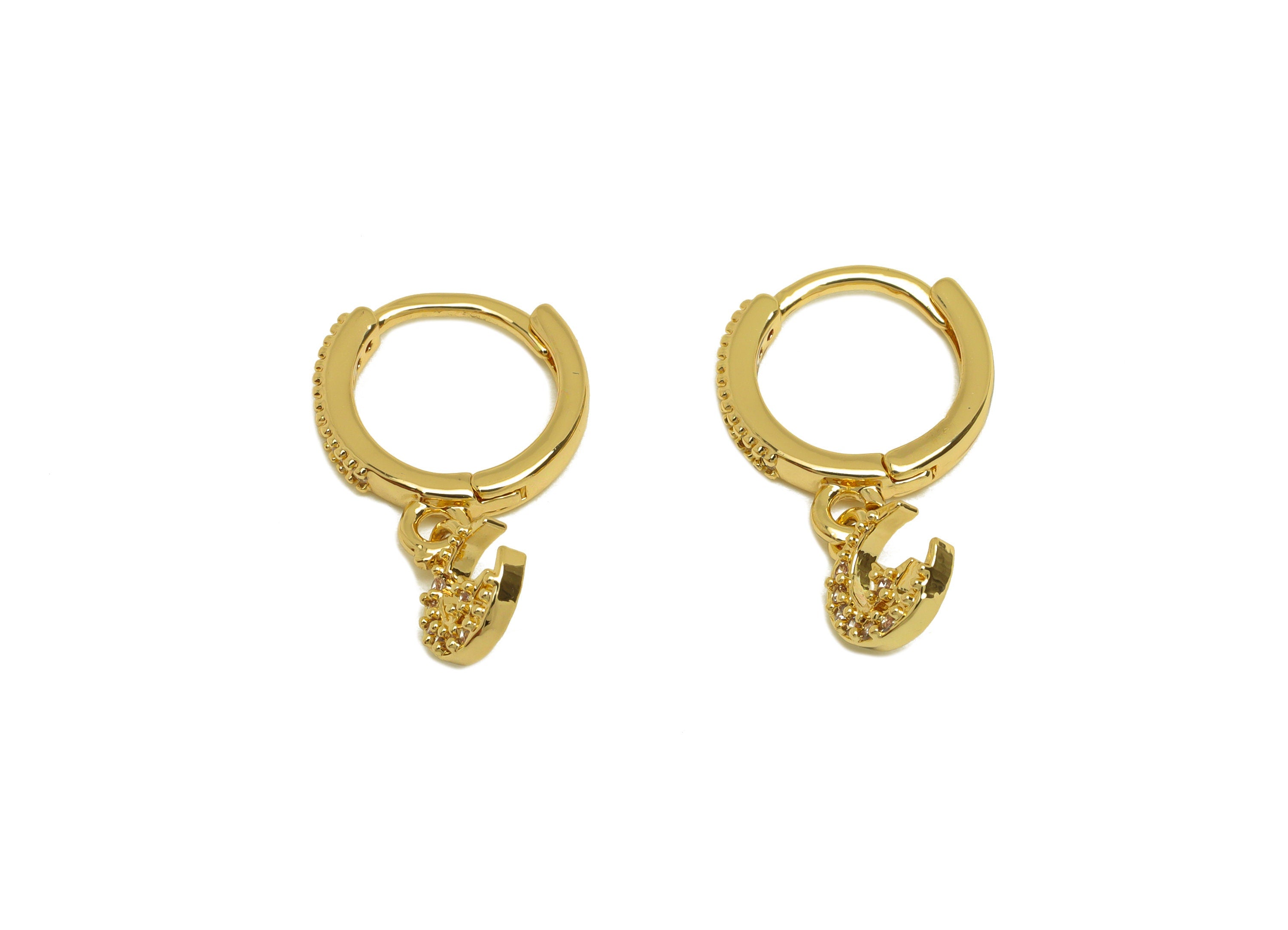 Brass CZ Hoop Earring - Brass Crescent Hoop Earring Clasp - Star Zircon Huggie Hoop Earring - 18K Real Gold Plating - 19.1x12x2mm - RGP6928 - DOMEDBAZAAR
