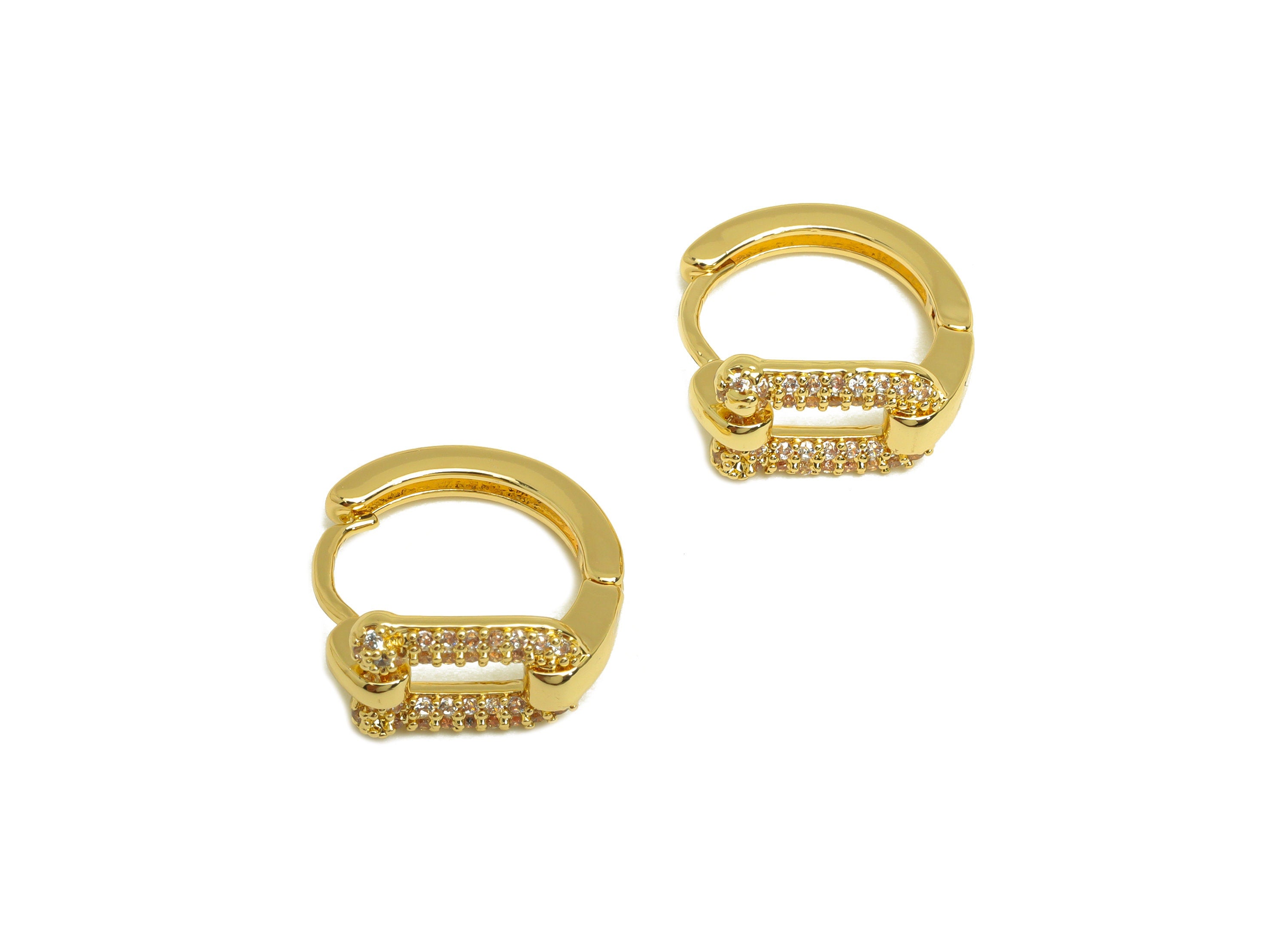 Brass CZ U Earring - Brass Geometry Hoop Earring Clasp - Brass Cubic Zircon Huggie Hoop Earring - 18K Real Gold Plating - 15x15x7mm -RGP6948 - DOMEDBAZAAR