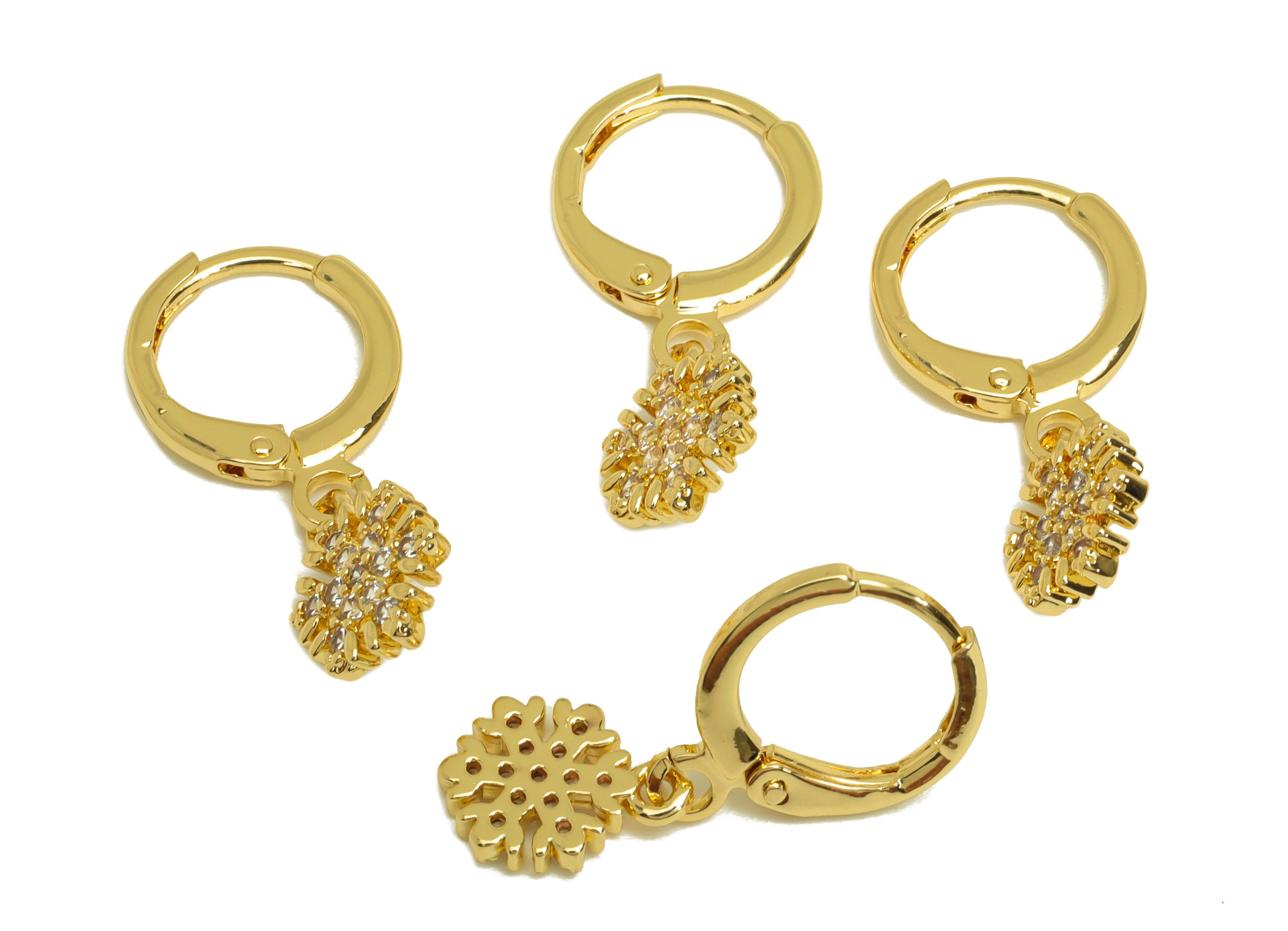 Brass CZ Hoop Earring - Brass Snowflake Lever Back Earring Hoop - Cubic Zircon Hoop Earring - 18K Real Gold Plating - 22x11x1.76mm -RGP6924 - DOMEDBAZAAR