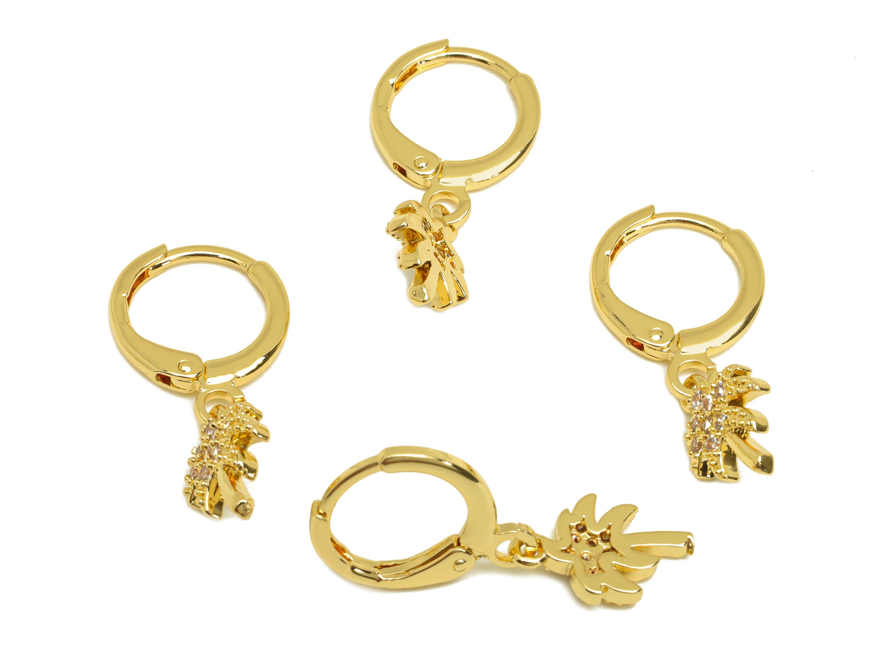 Brass Hoop Earring - Brass Coconut Tree Lever Back Earring Hoop - Cubic Zircon Hoop Earring - 18K Real Gold Plating - 22x11x1.3mm -RGP6950 - DOMEDBAZAAR