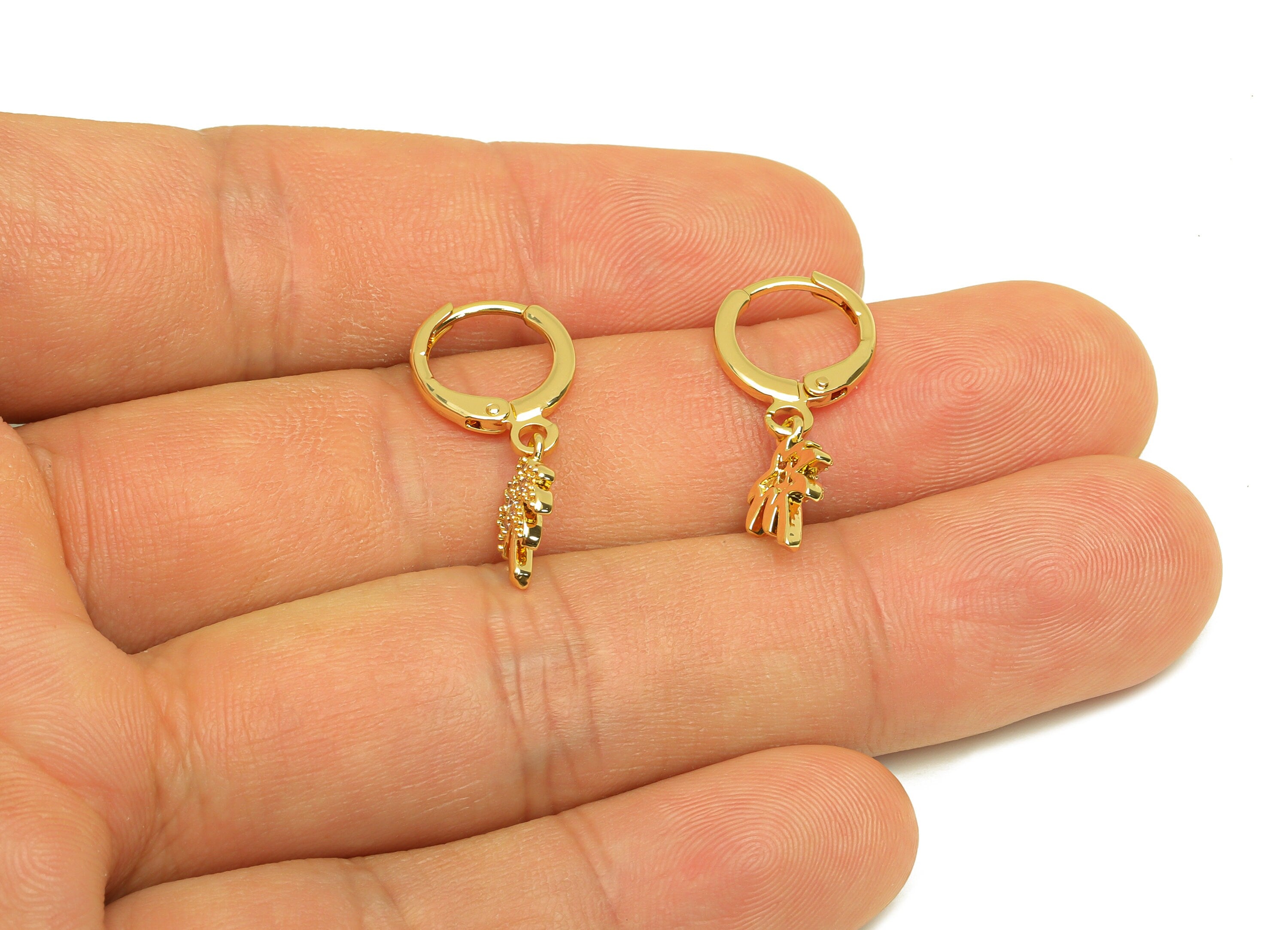 Brass Hoop Earring - Brass Coconut Tree Lever Back Earring Hoop - Cubic Zircon Hoop Earring - 18K Real Gold Plating - 22x11x1.3mm -RGP6950 - DOMEDBAZAAR