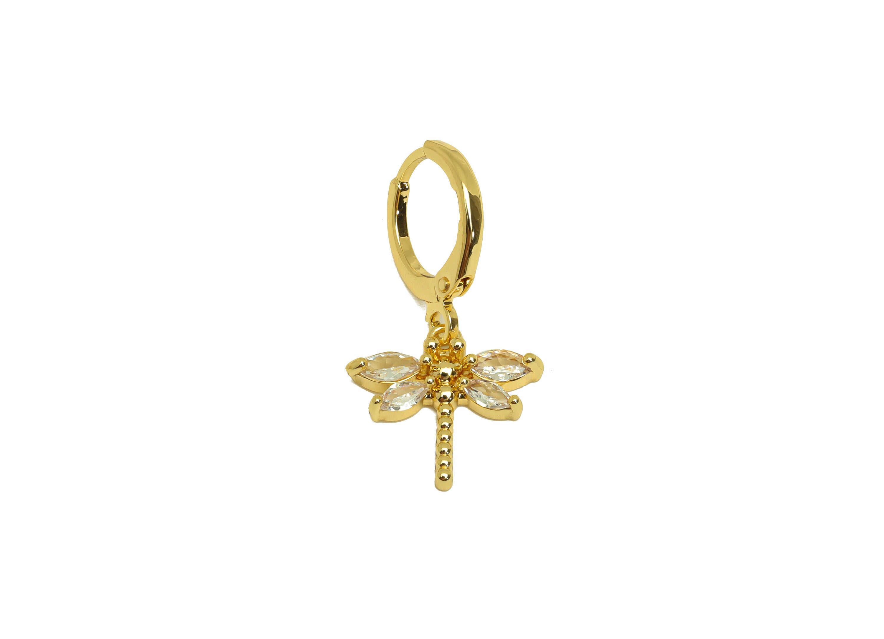 Brass Hoop Earring - Brass Dragonfly Lever Back Earring Hoop - Cubic Zircon Hoop Earring - 18K Real Gold Plating - 26.04x11.44x1mm -RGP6934 - DOMEDBAZAAR