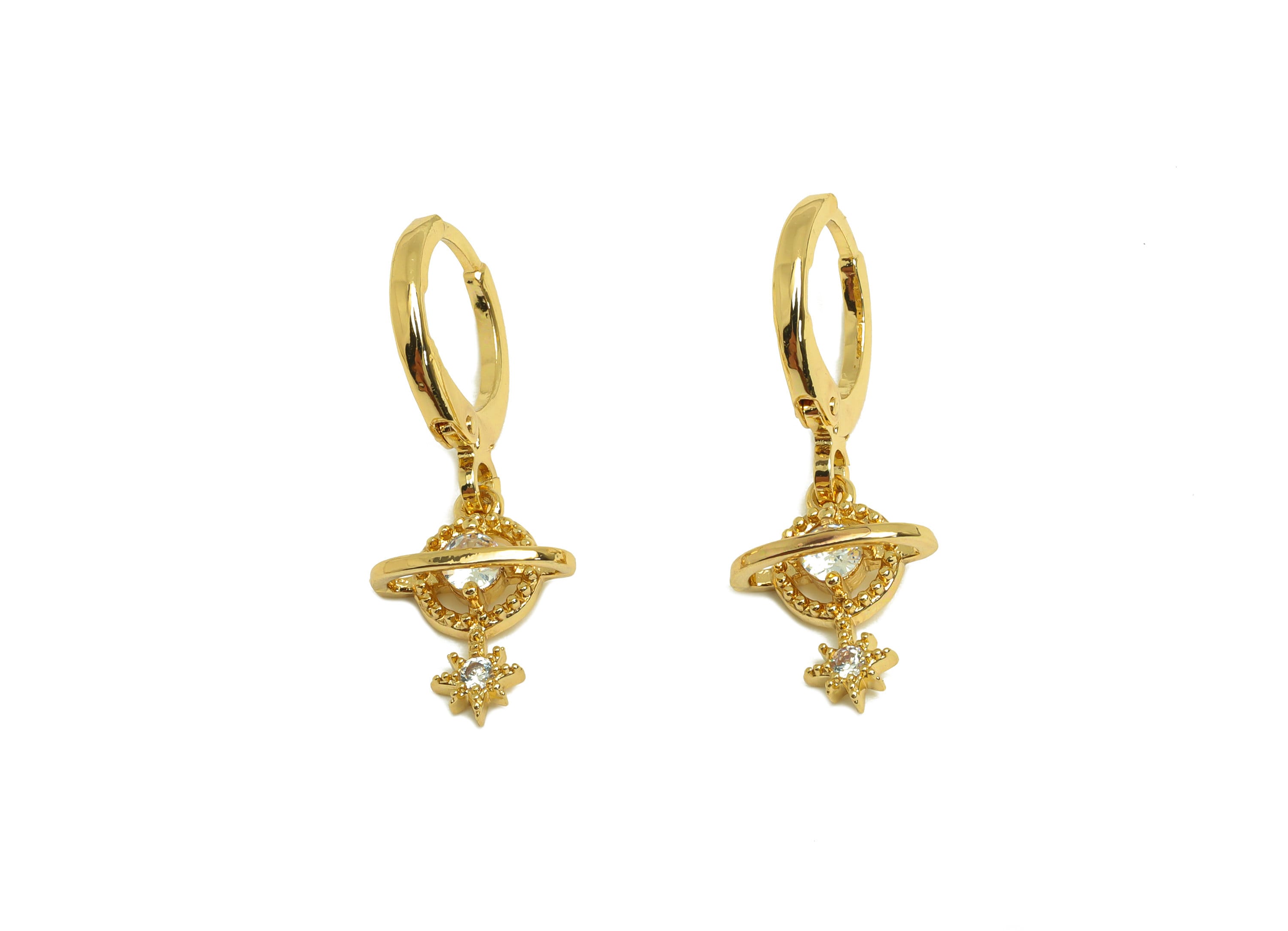 Brass Hoop Earring - Brass Planet Lever Back Earring Hoop - Star Zircon Hoop Earring - 18K Real Gold Plating - 25.89x11.44x1.7mm - RGP6940 - DOMEDBAZAAR