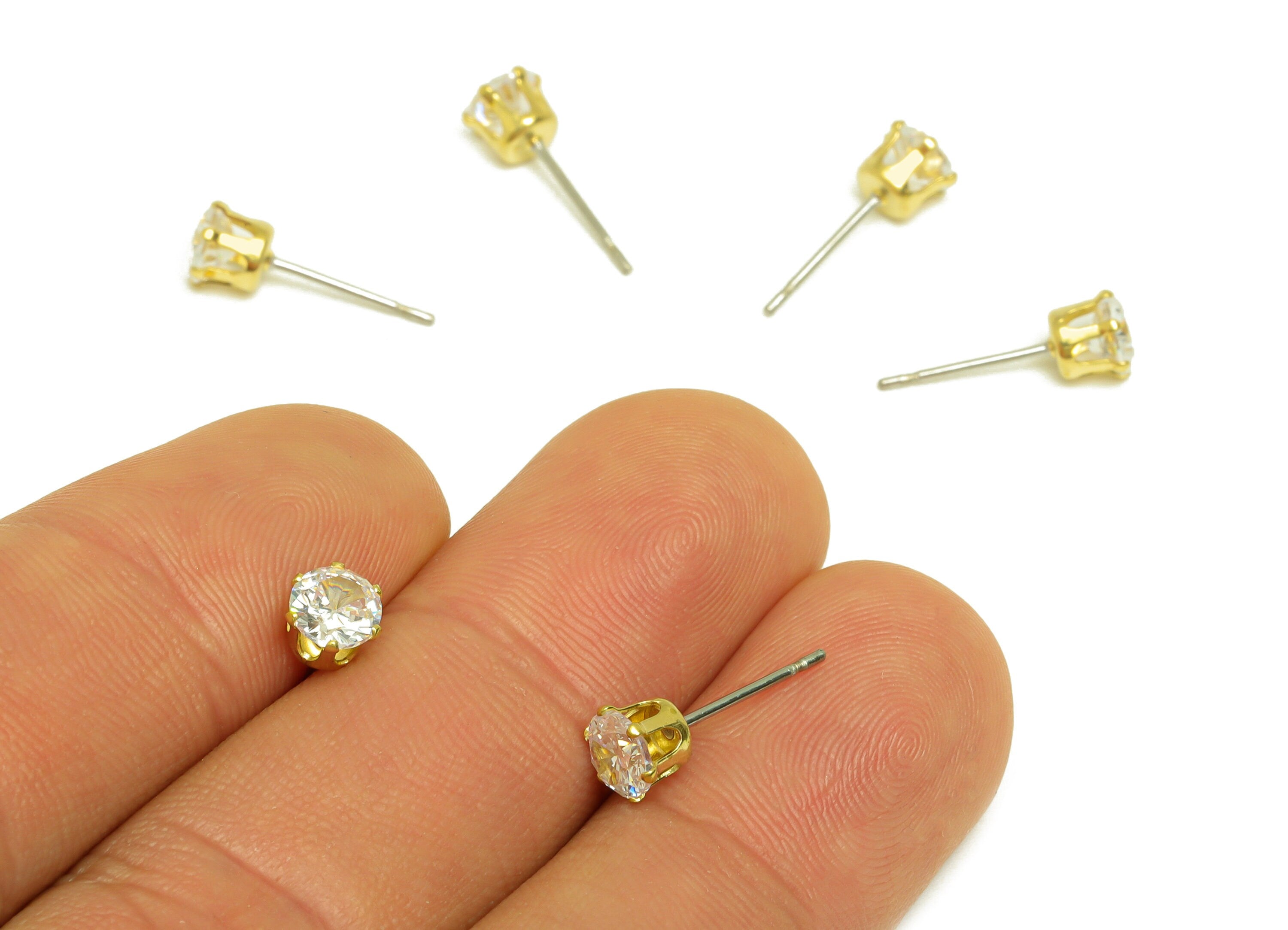 5mm Brass CZ Earring Stud - Raw Brass Mini Round Zircon Earring Post - Brass Cubic Zircon Earring Stud - Brass CZ Post - 5x5x4.4mm - PP10533 - DOMEDBAZAAR