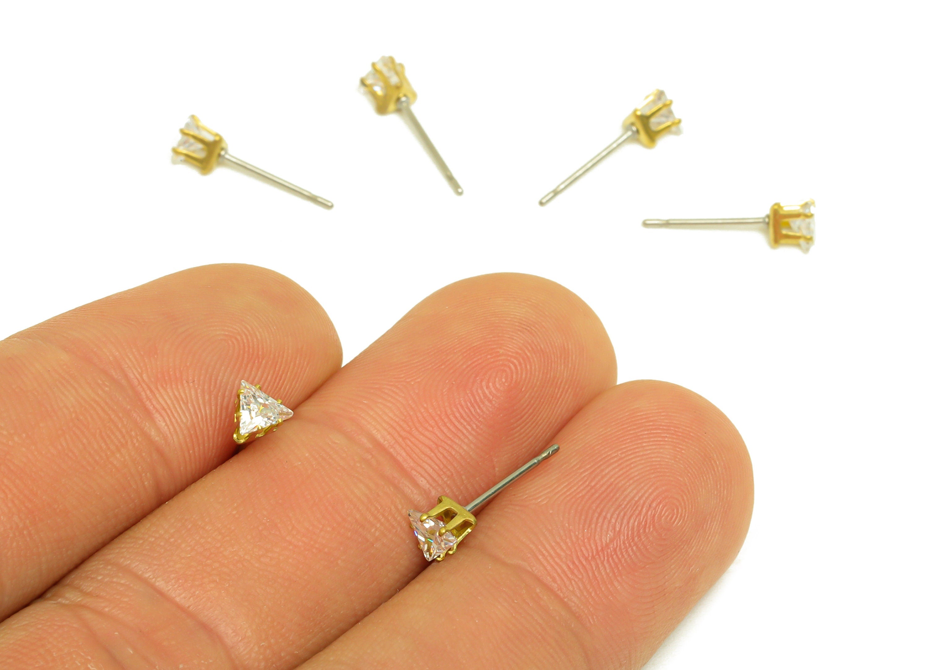 Brass CZ Earring Stud - Raw Brass Triangle Zircon Earring Post - Brass Cubic Zircon Earring Stud - Geometry CZ Post - 4x4x3.6mm - PP10540 - DOMEDBAZAAR