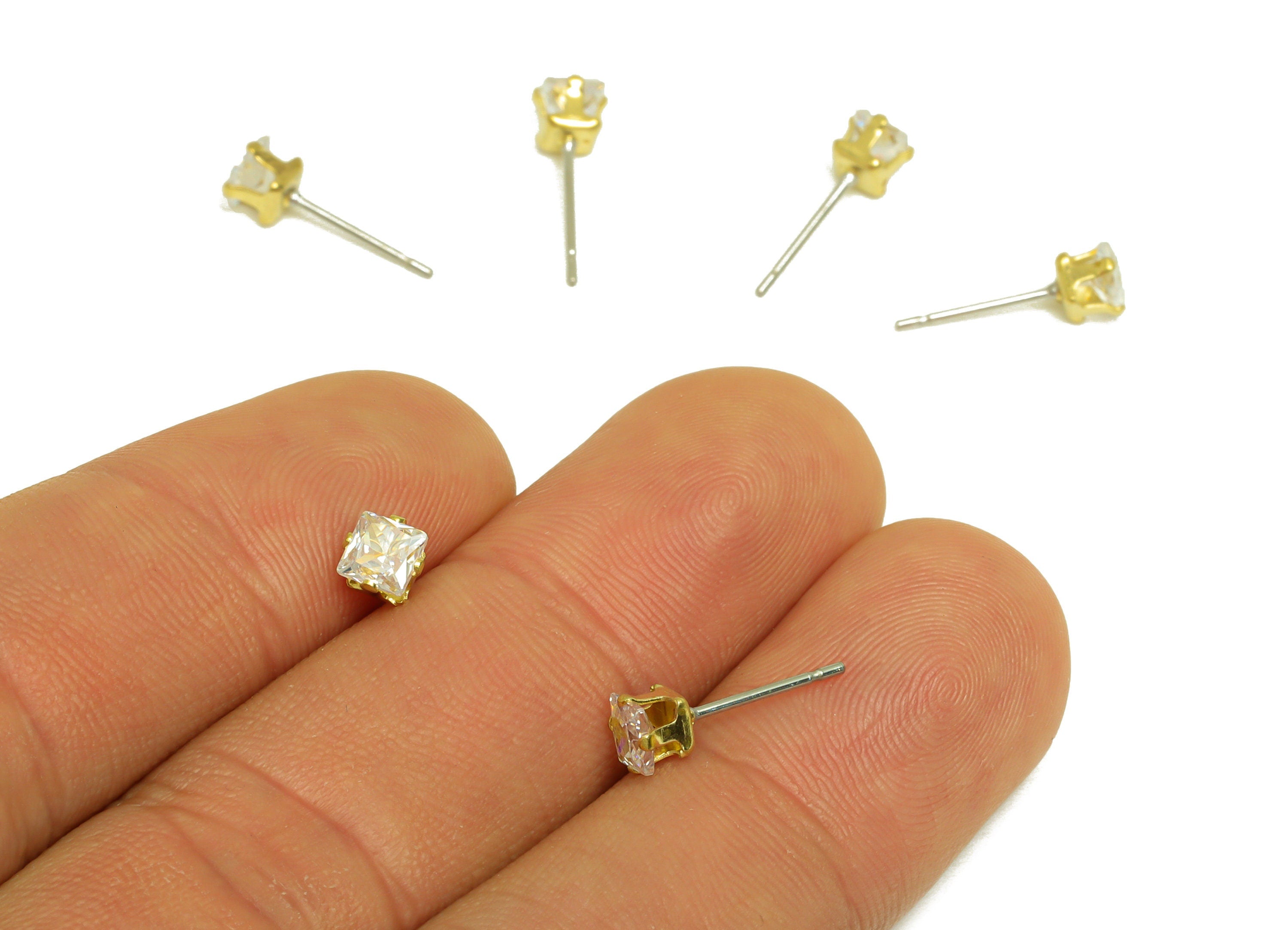Brass CZ Earring Stud - Raw Brass Square Zircon Earring Post - Brass Cubic Zircon Earring Stud - Geometry CZ Post - 5x4x4mm - PP10532-4 - DOMEDBAZAAR