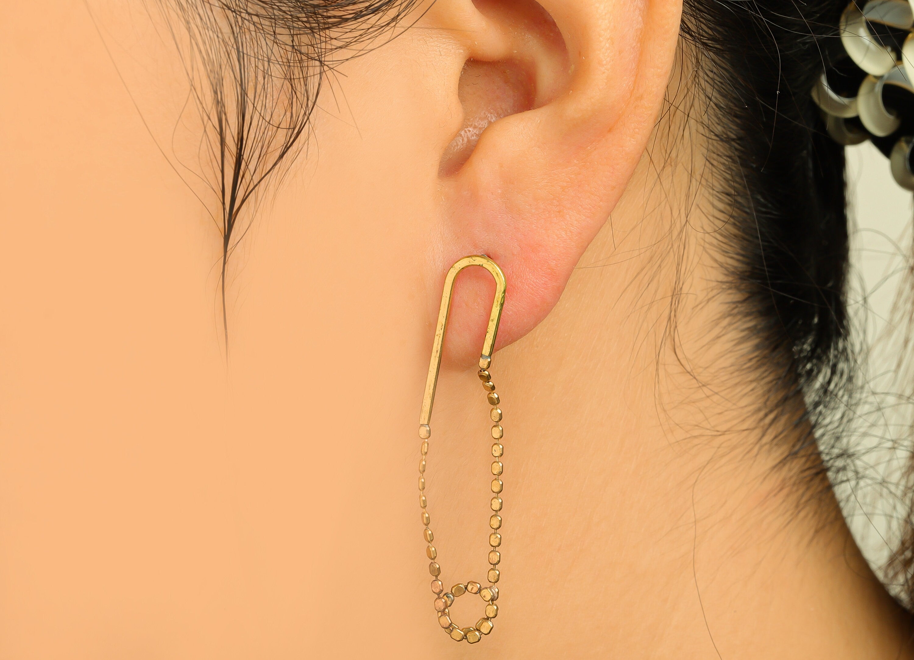 Brass Hoop Earring Stud - Raw Brass Hoop Chain Earring Post - Brass Beaded Chian Earring Stud - Brass Dangle Post - 44x7.9x1mm - PP10600 - DOMEDBAZAAR