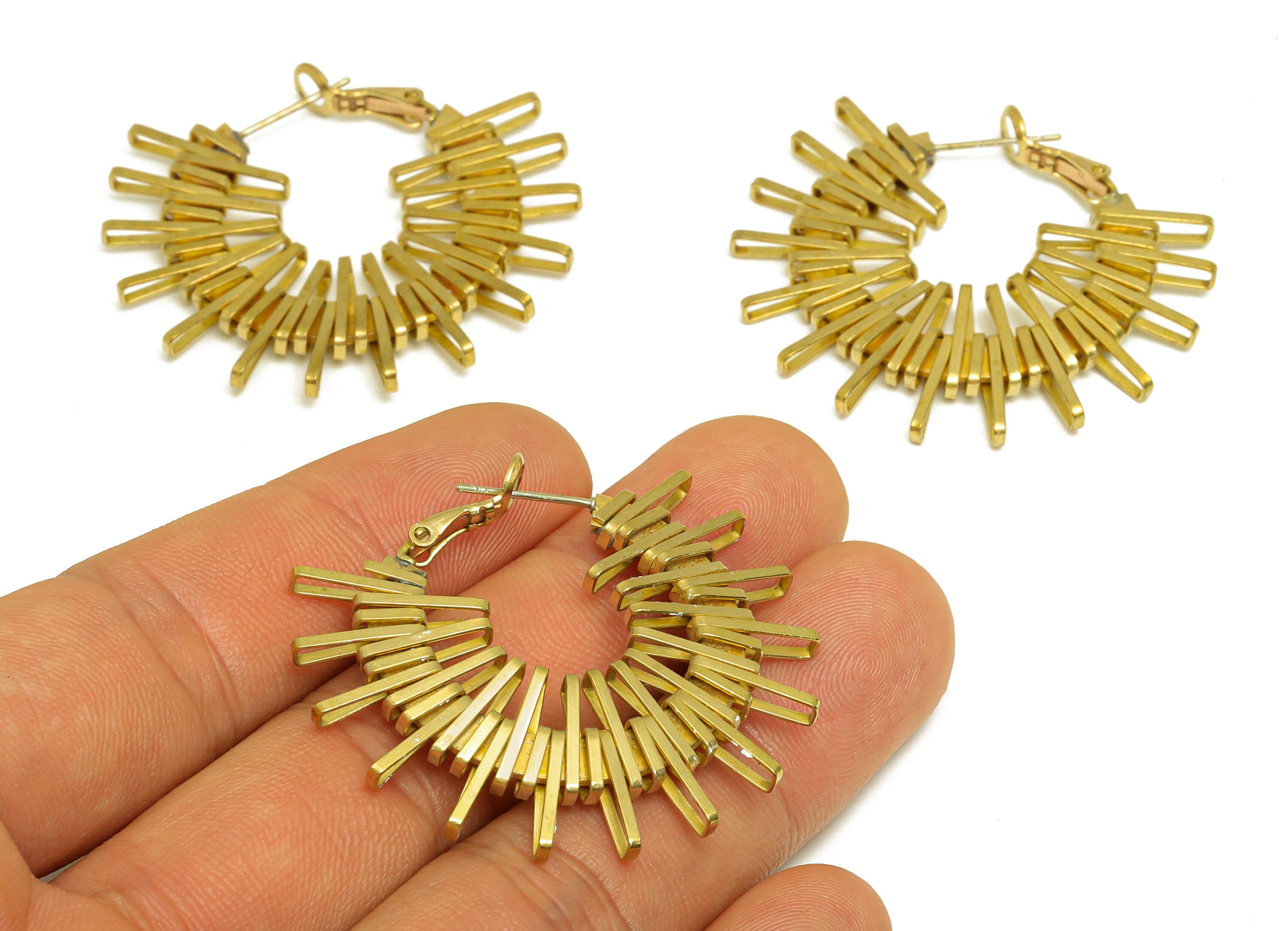 Brass Hoop Earring - Raw Brass Wire Sunshine Clasp Back Earring - Brass Sun Hoop Clasp Earring - Brass Clasp Earring - 42x38x3mm - PP10589 - DOMEDBAZAAR